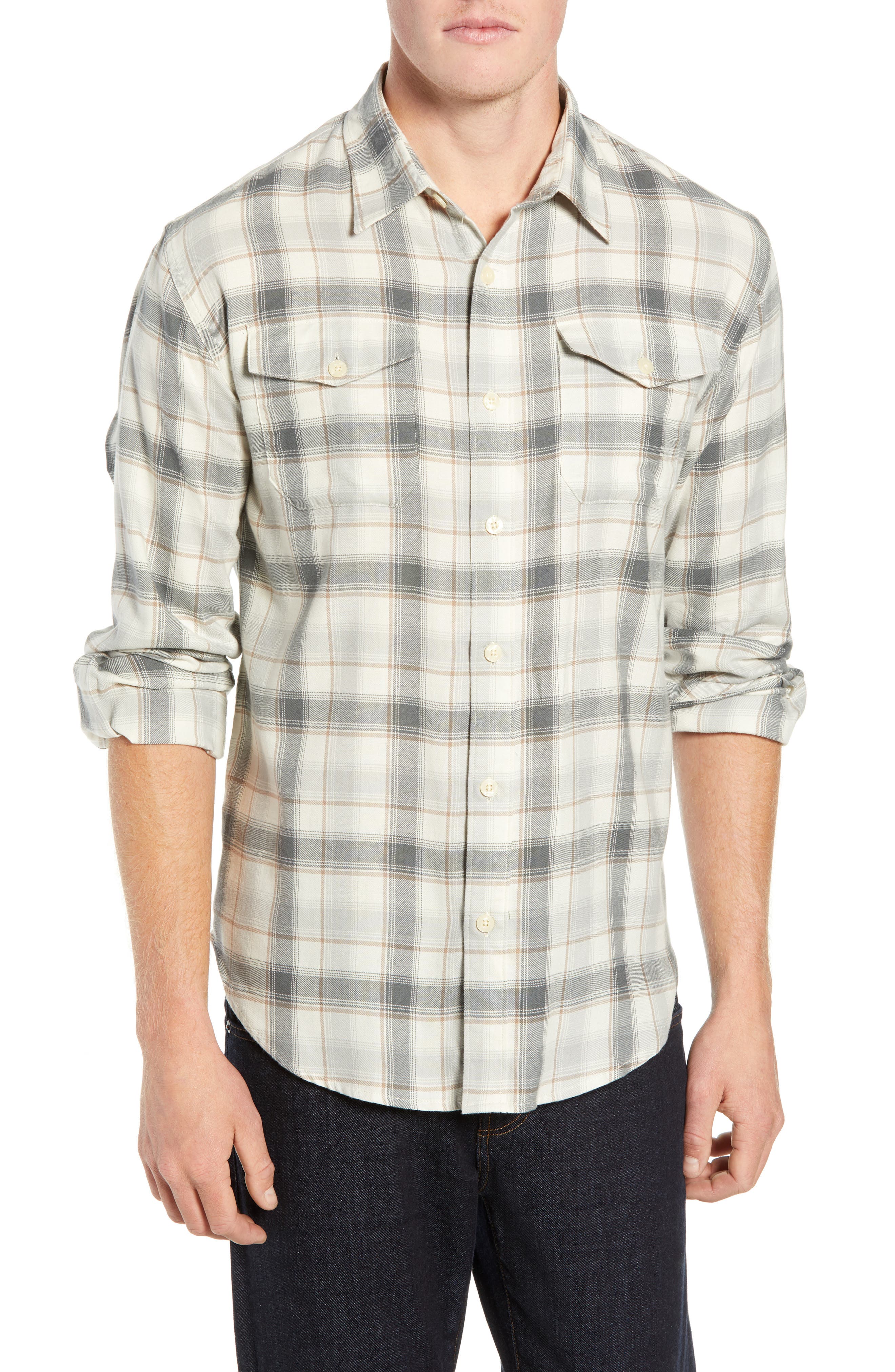 Coastaoro Honeydew Plaid Garment Washed Flannel Shirt, Grey