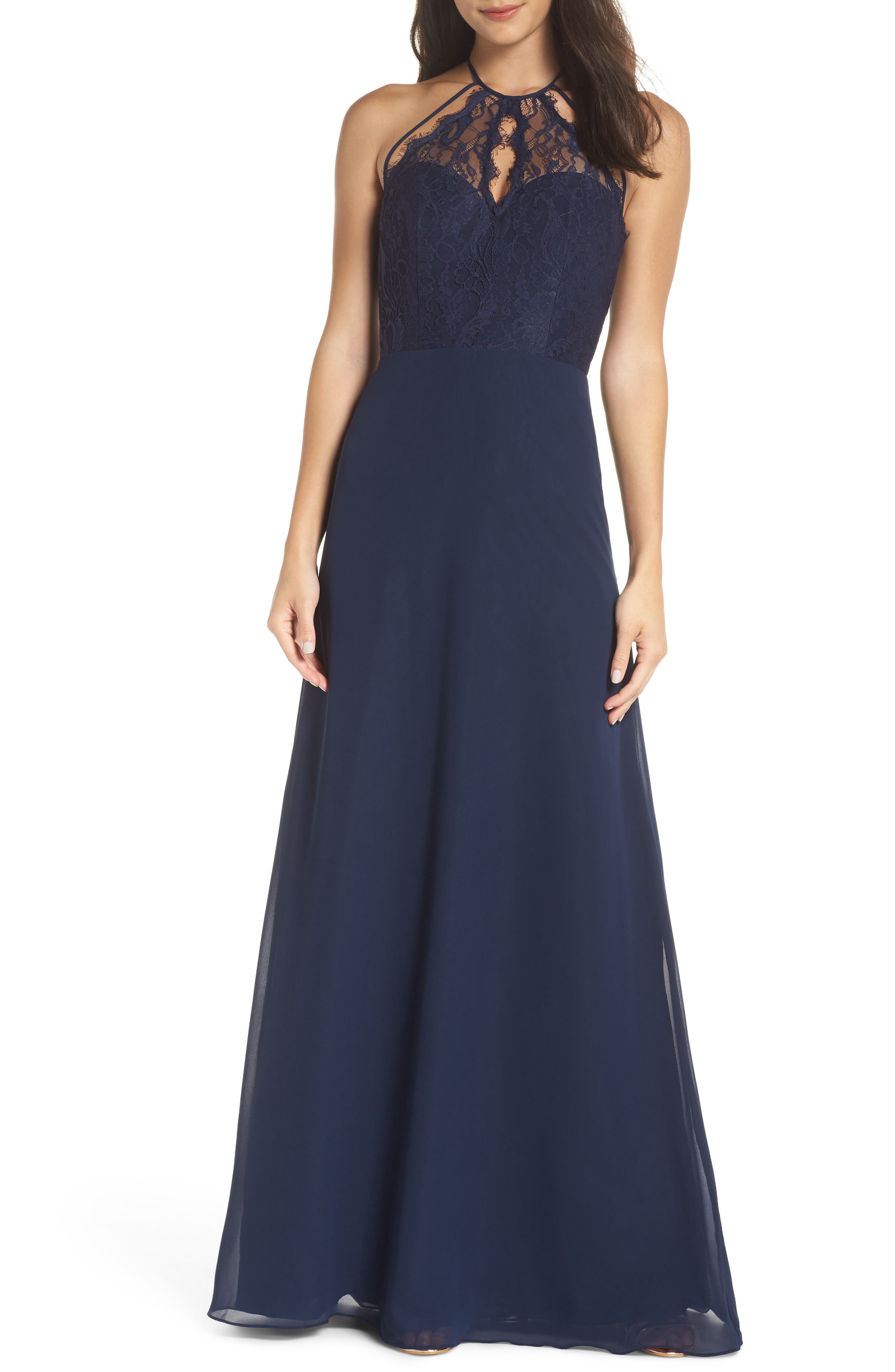 Hayley Paige Occasions Lace & Chiffon Halter Gown, Blue