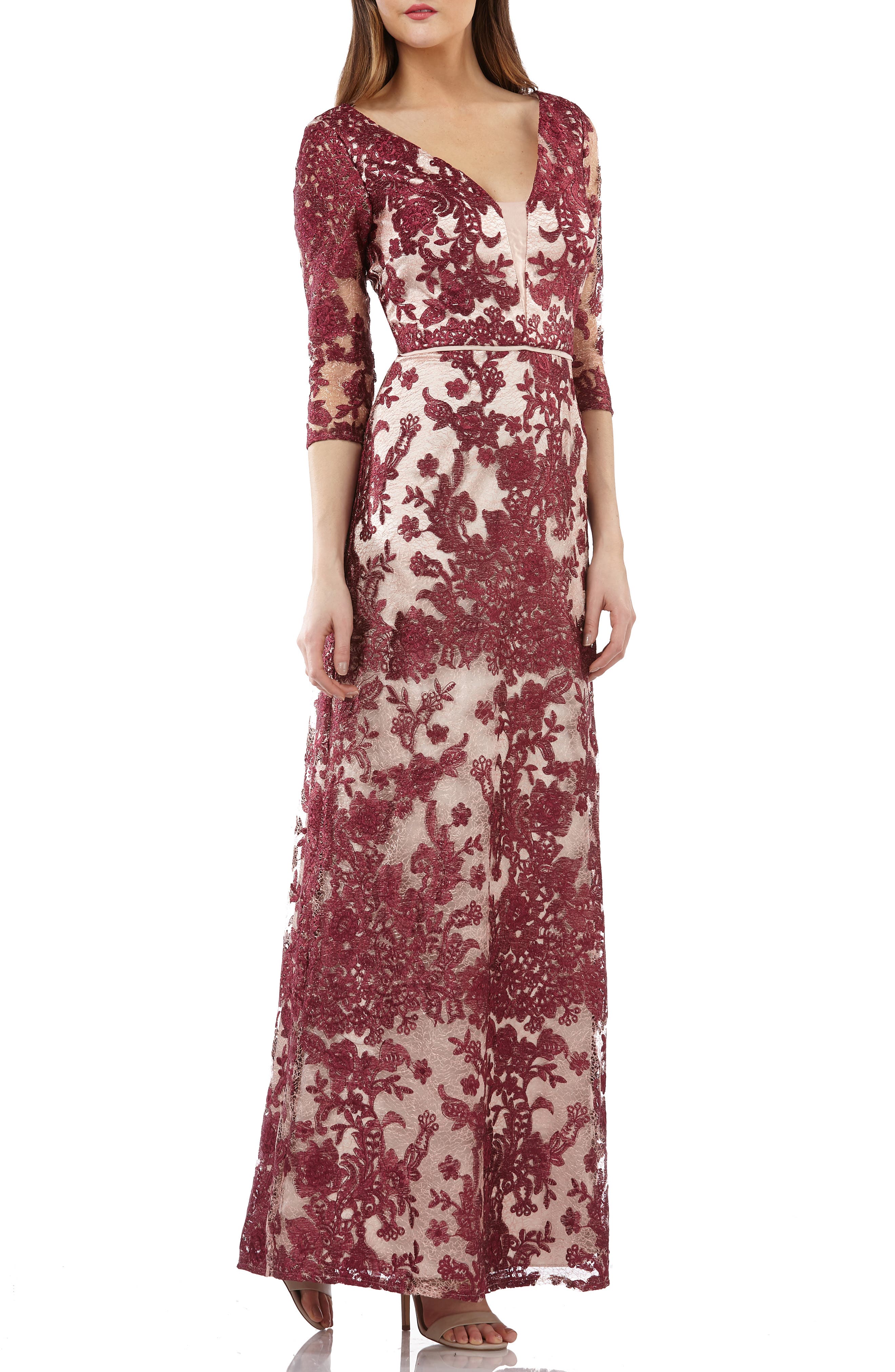 Js Collections Embroidered Lace Gown, Burgundy