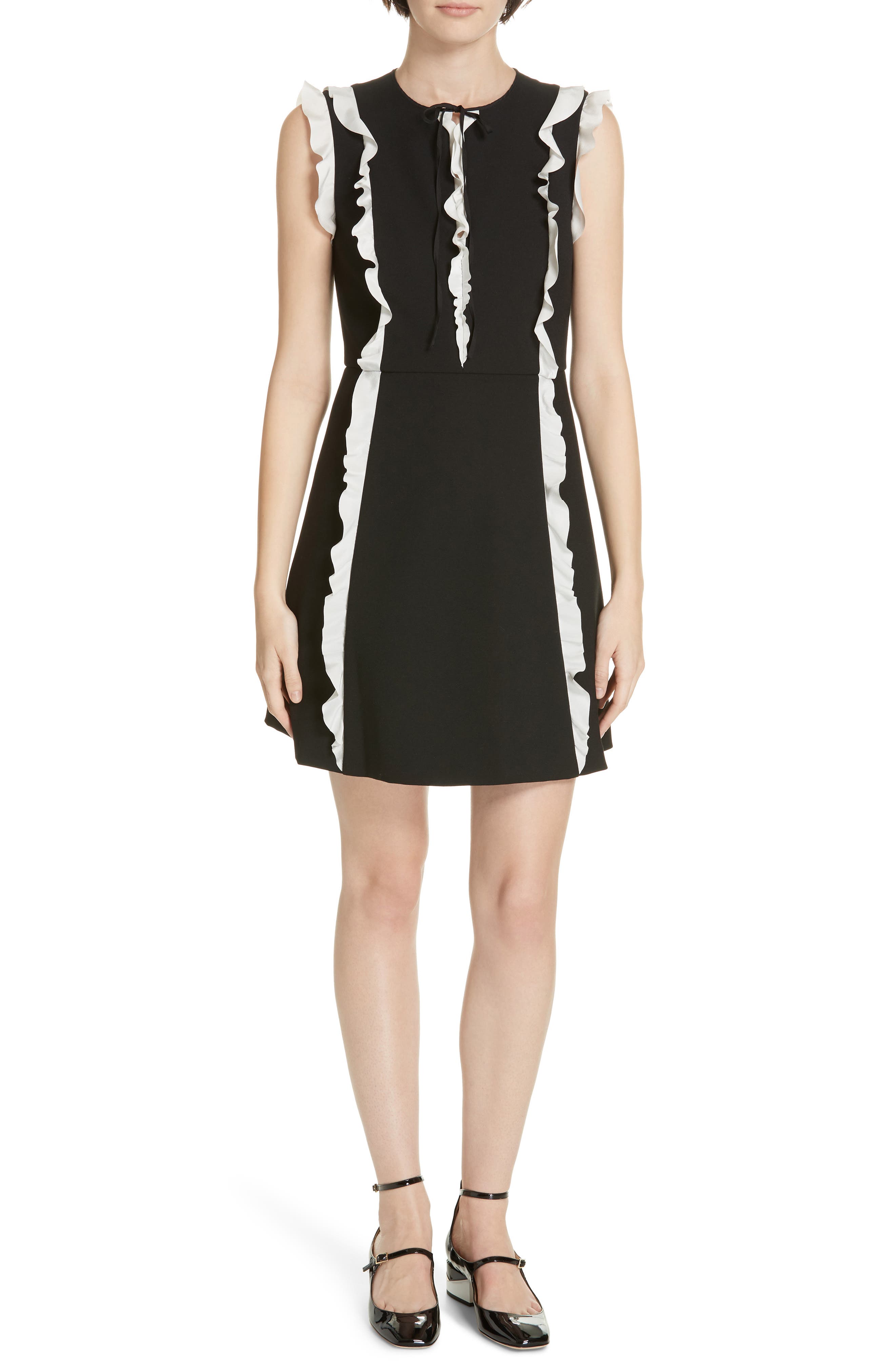 Red Valentino Contrast Ruffle A-Line Dress, US / 40 IT - Black