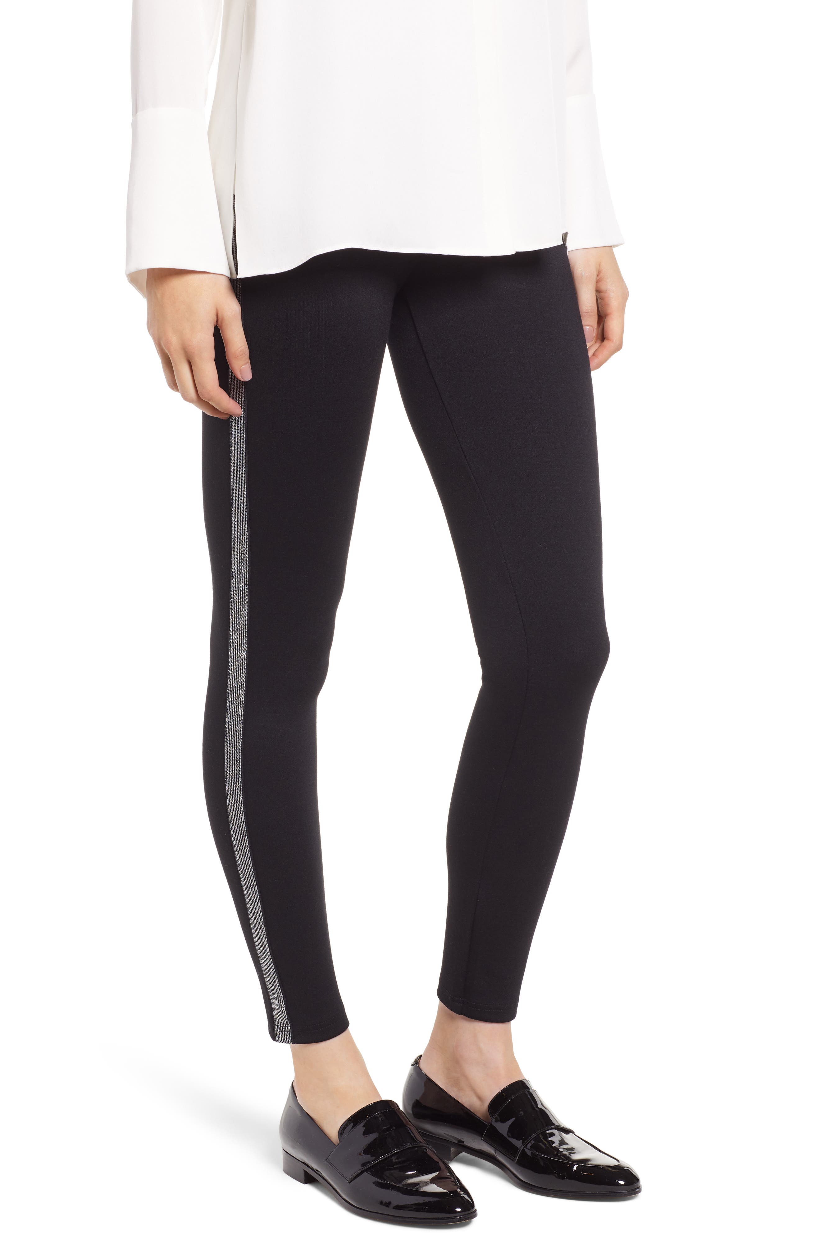 Hue Metallic Tuxedo Stripe Ponte Leggings, Black