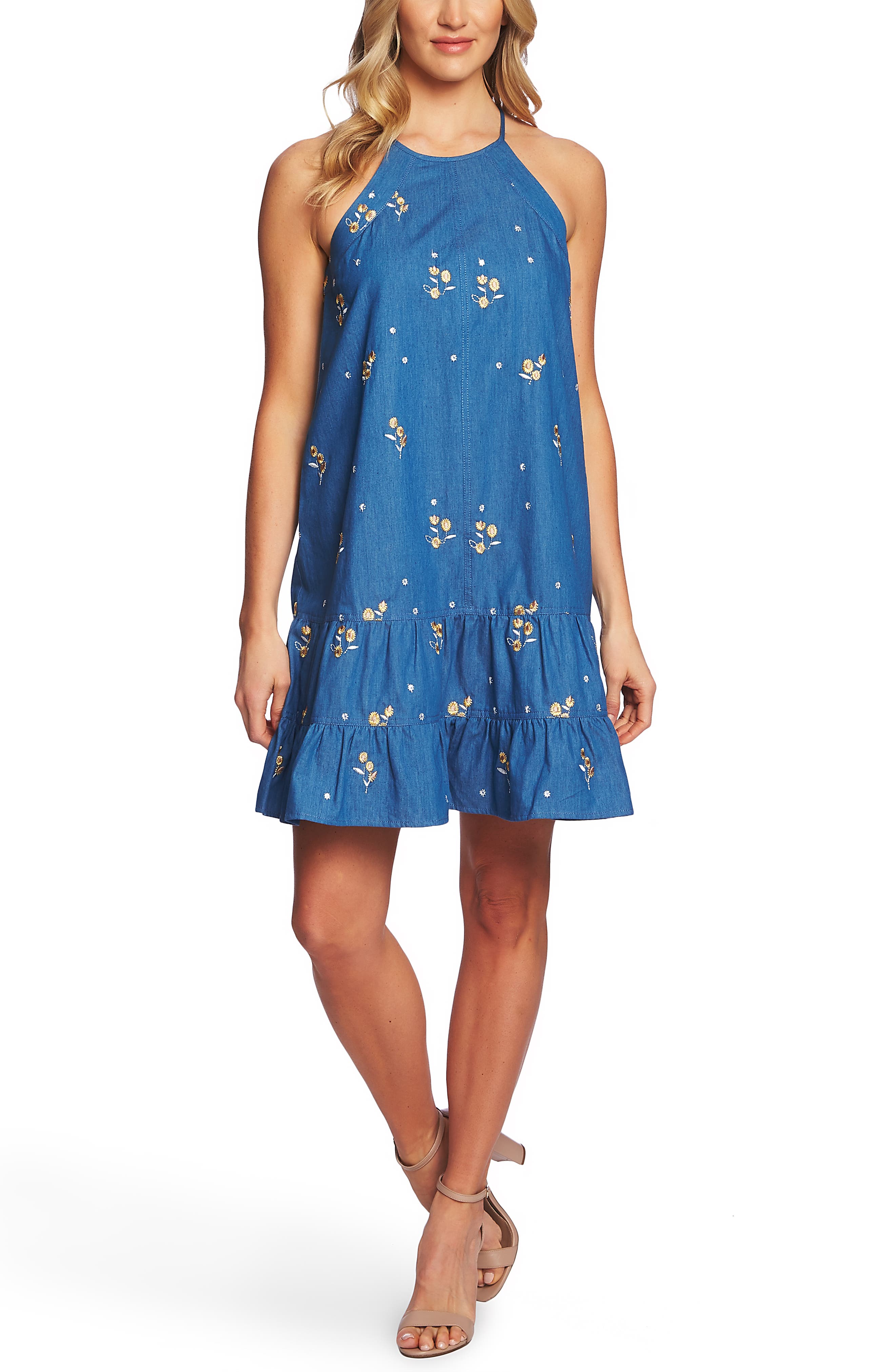 Cece Embroidered Ruffle Shift Dress, Blue