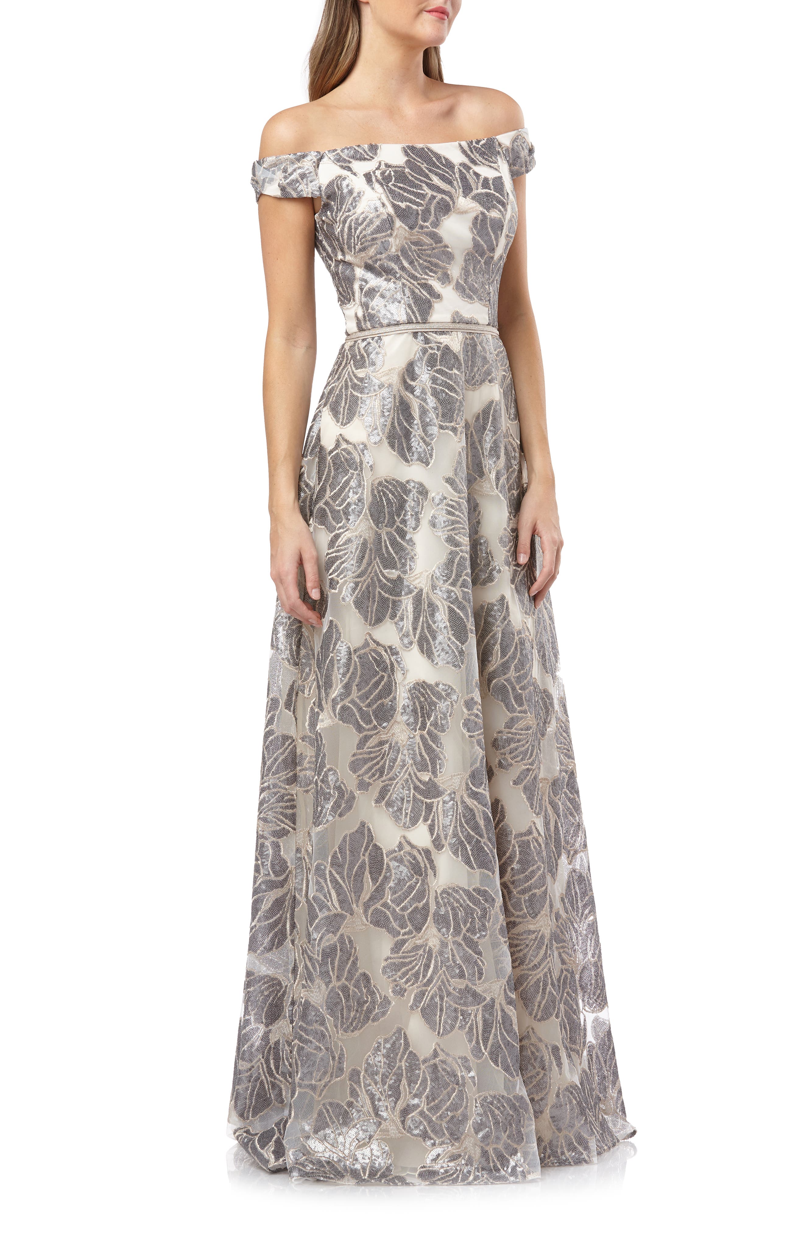 Carmen Marc Valvo Infusion Off The Shoulder Sequin Gown, Metallic
