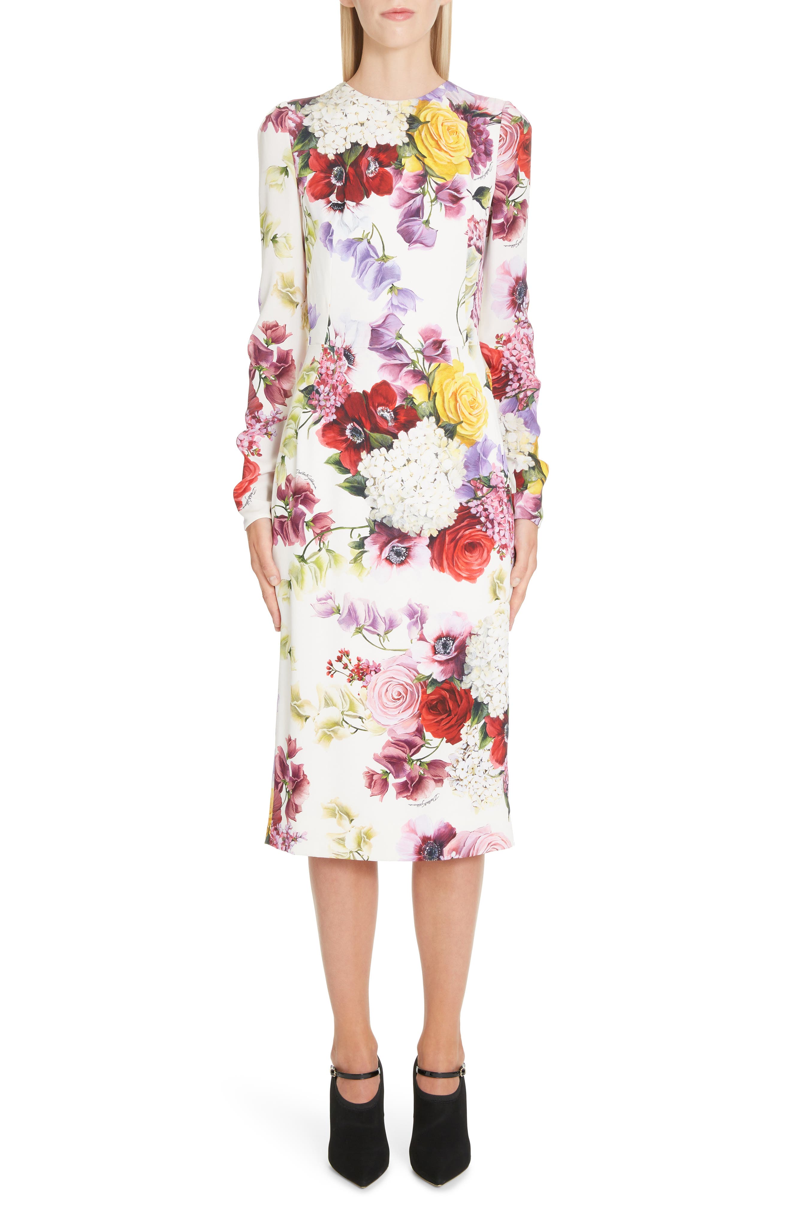 Dolce & gabbana Floral Print Stretch Silk Charmeuse Sheath Dress, US / 46 IT - White