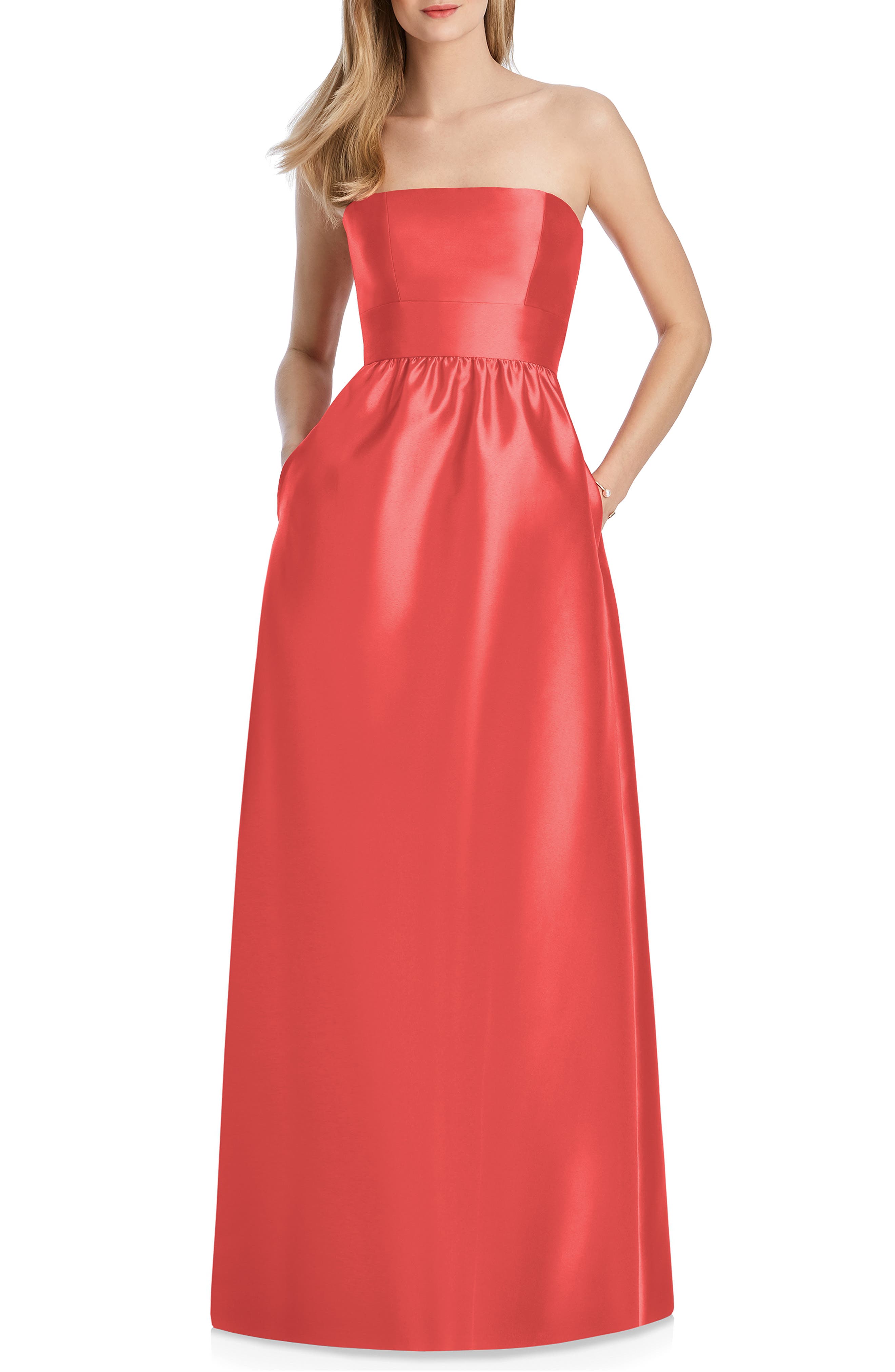 Lela Rose Bridesmaid Strapless Sateen Gown, Orange