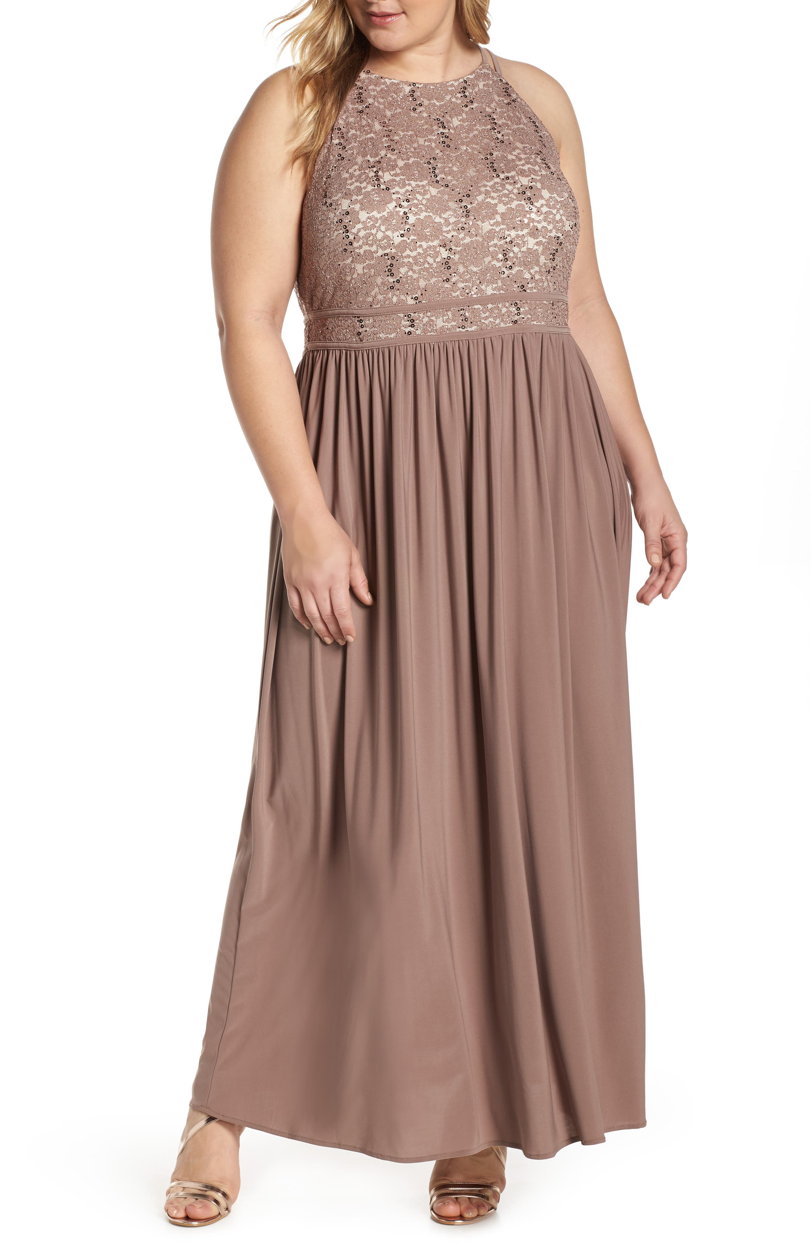 Plus Size Morgan & Co. Lace Bodice Evening Dress, Beige
