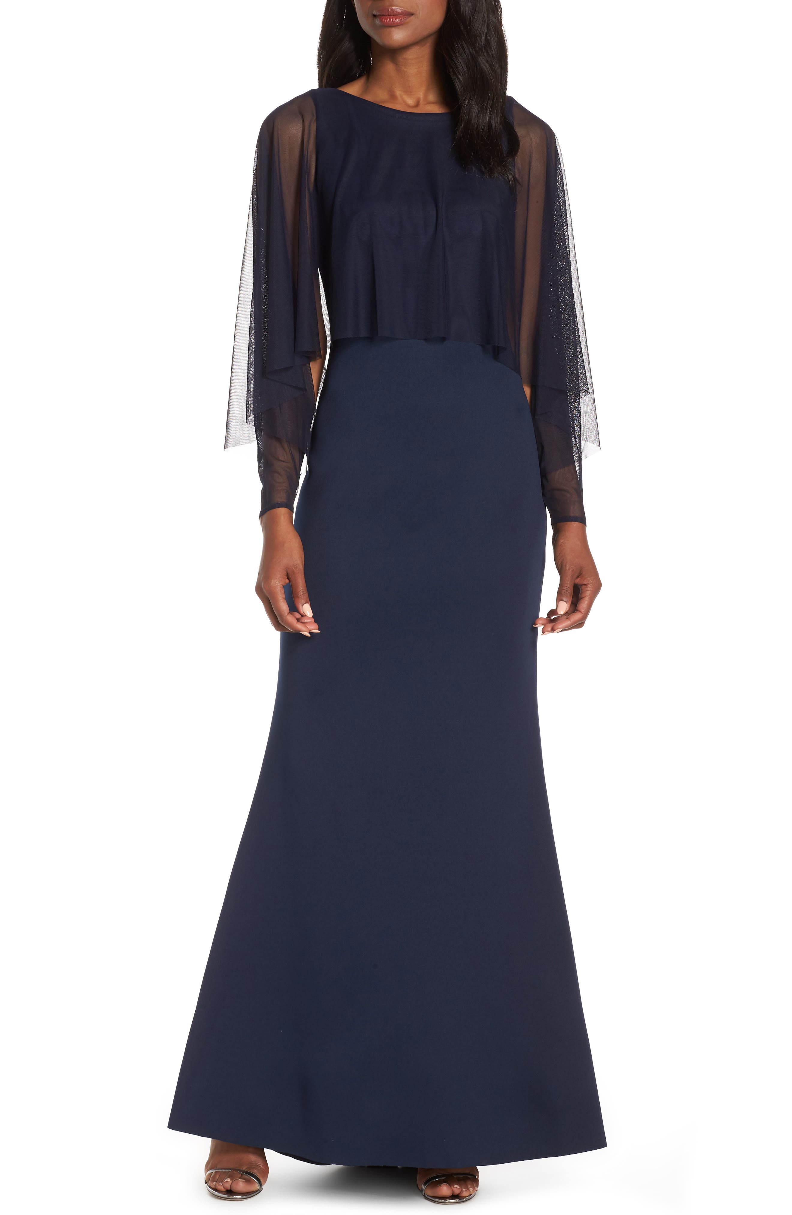 Eliza J Mesh Popover Sleeve Scuba Evening Dress, Blue