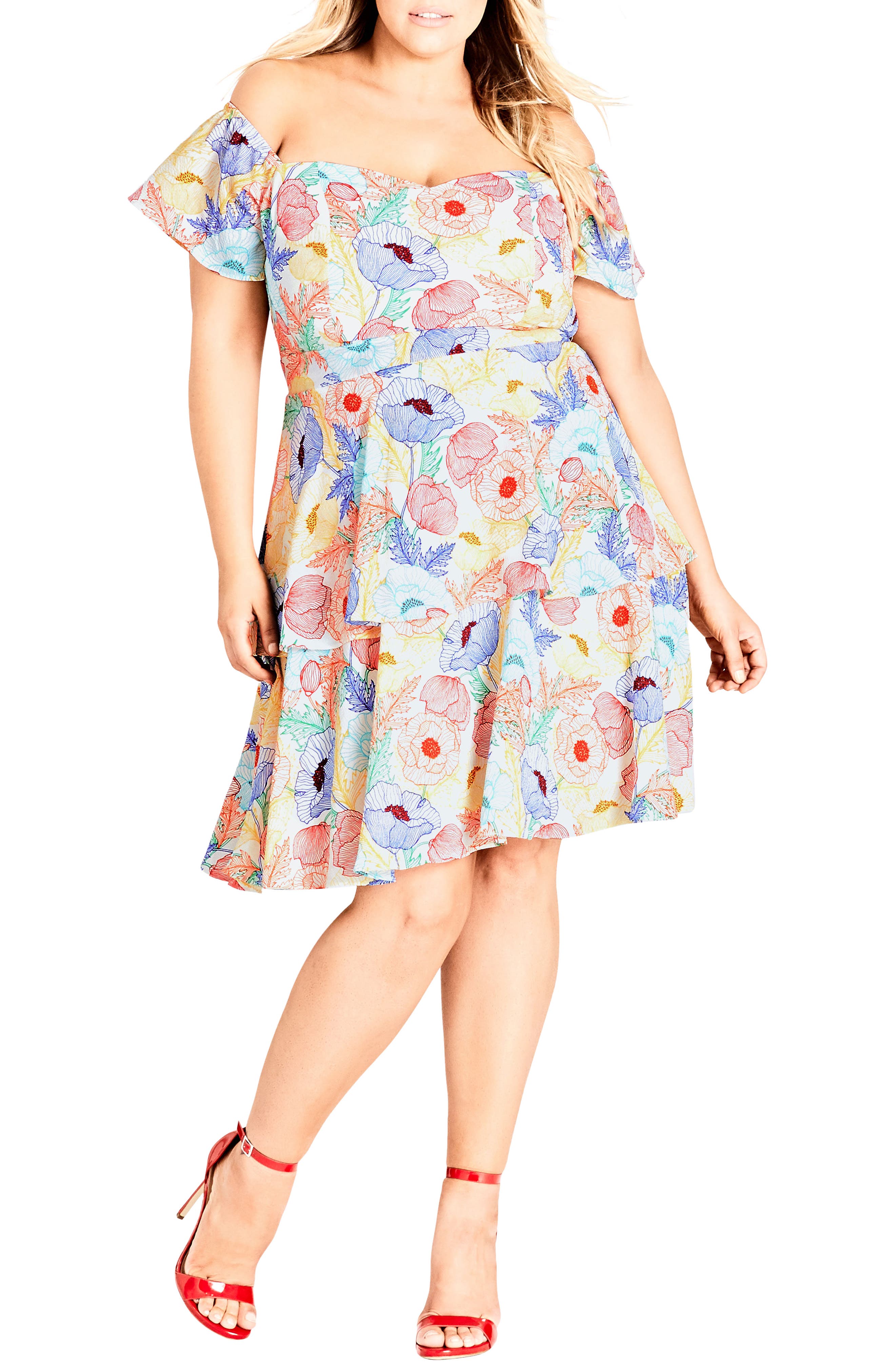 Plus Size City Chic Etched Poppy Off The Shoulder Dress, White