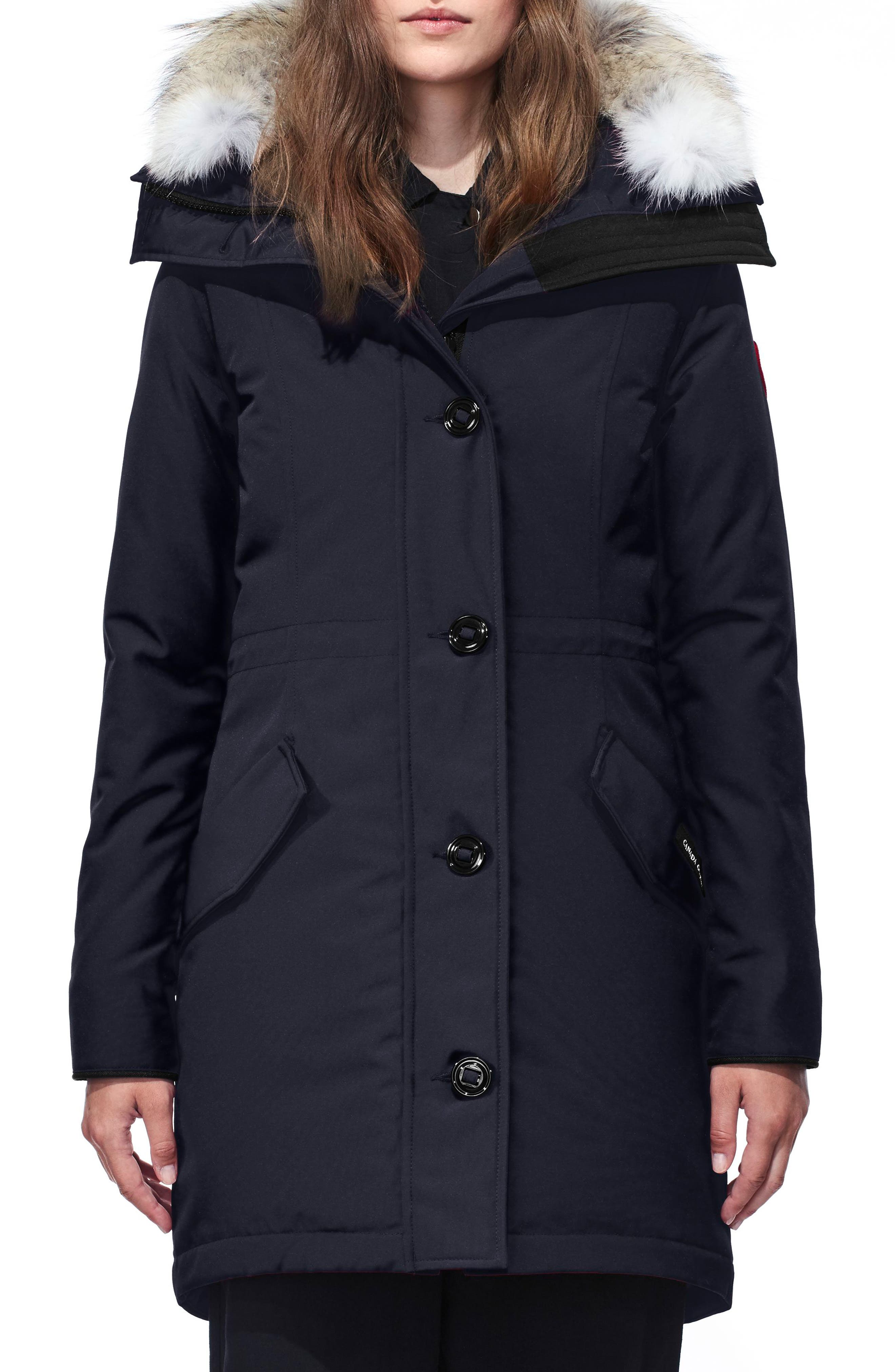 Petite Canada Goose Rossclair Fusion Fit Genuine Coyote Fur Trim Down Parka, (000-00) - Blue