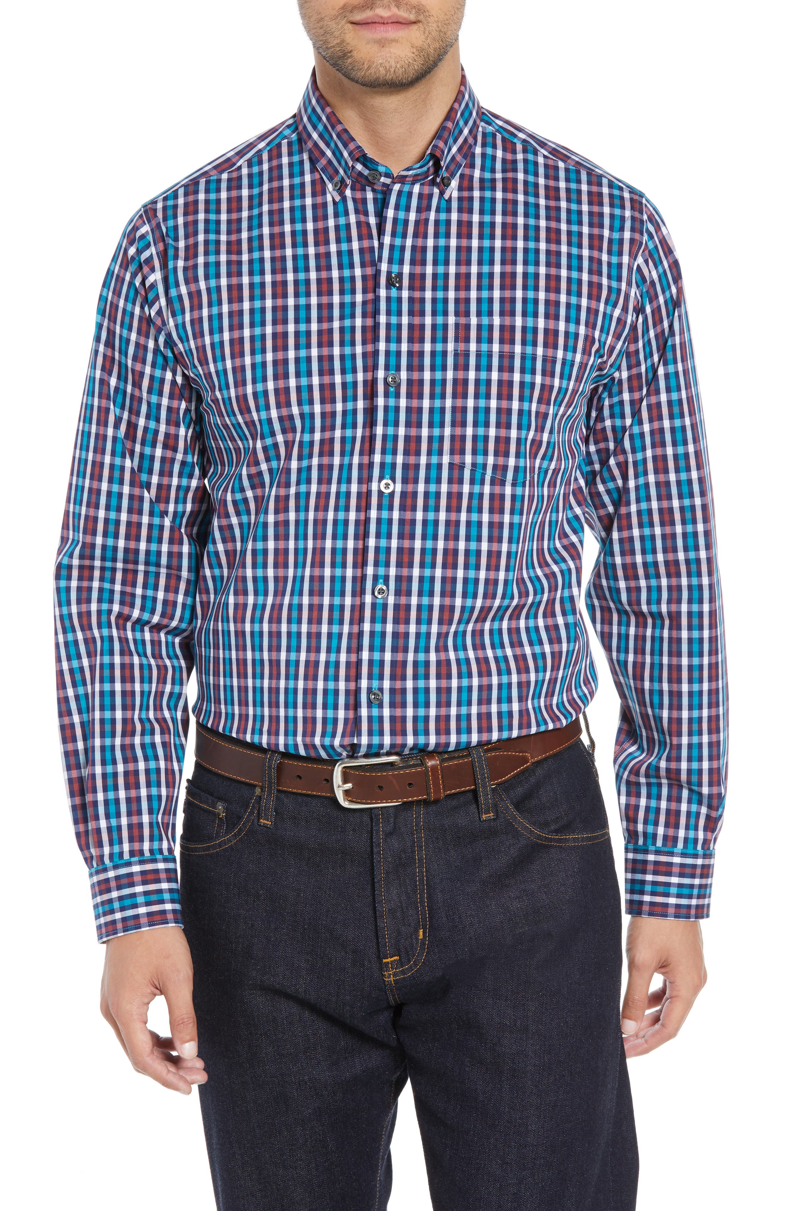 Cutter & Buck Albert Regular Fit Wrinkle Free Check Sport Shirt, Blue