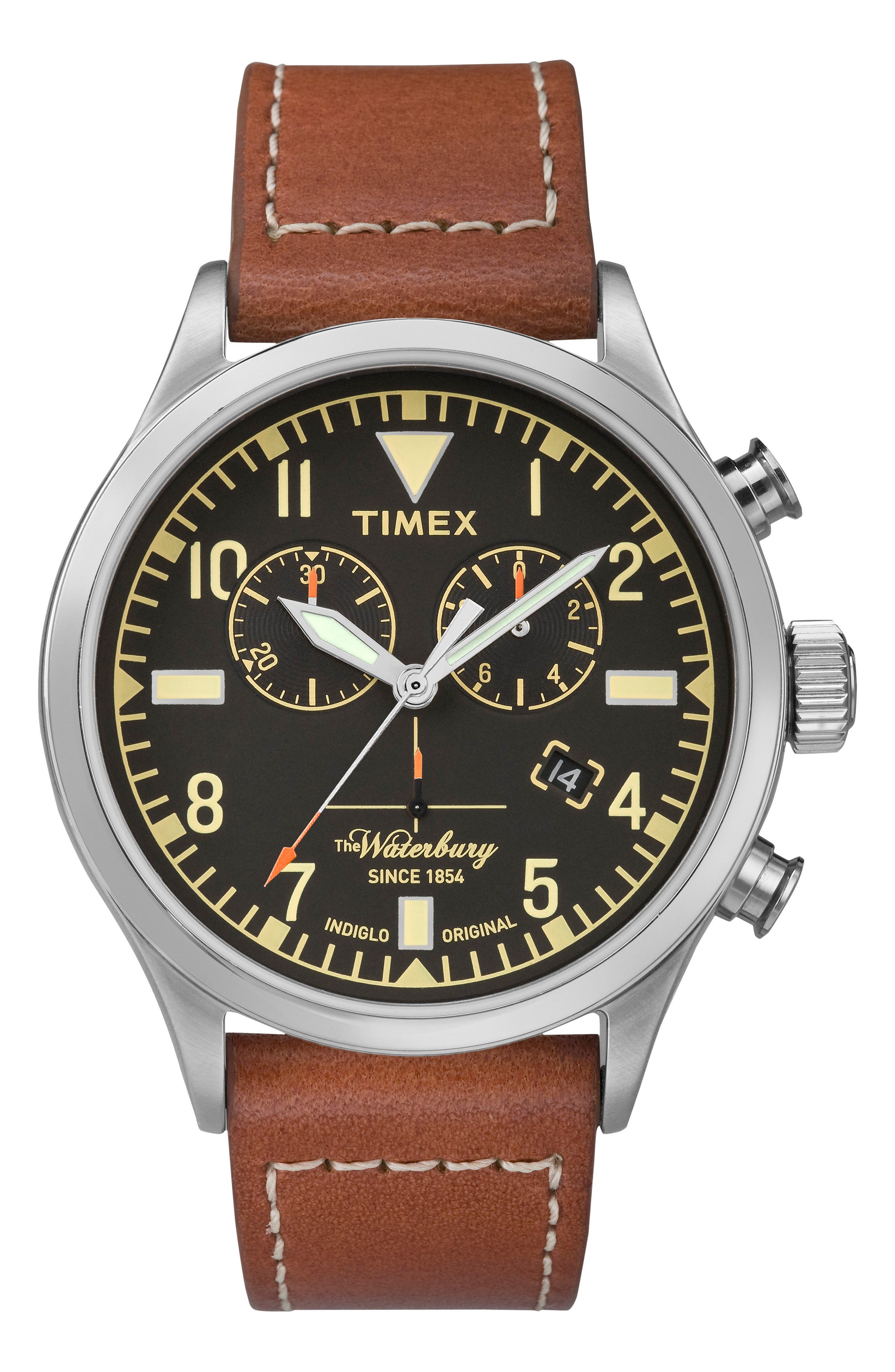 Timex Waterbury Chronograph Leather Strap Watch, 42Mm