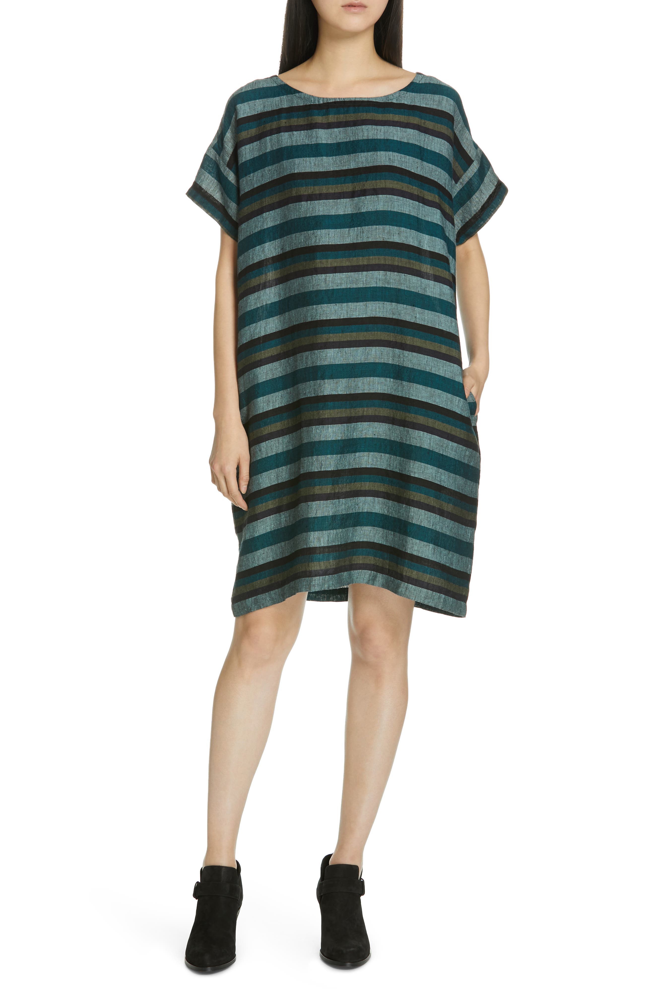 Petite Eileen Fisher Stripe Linen Shift Dress, Blue/green