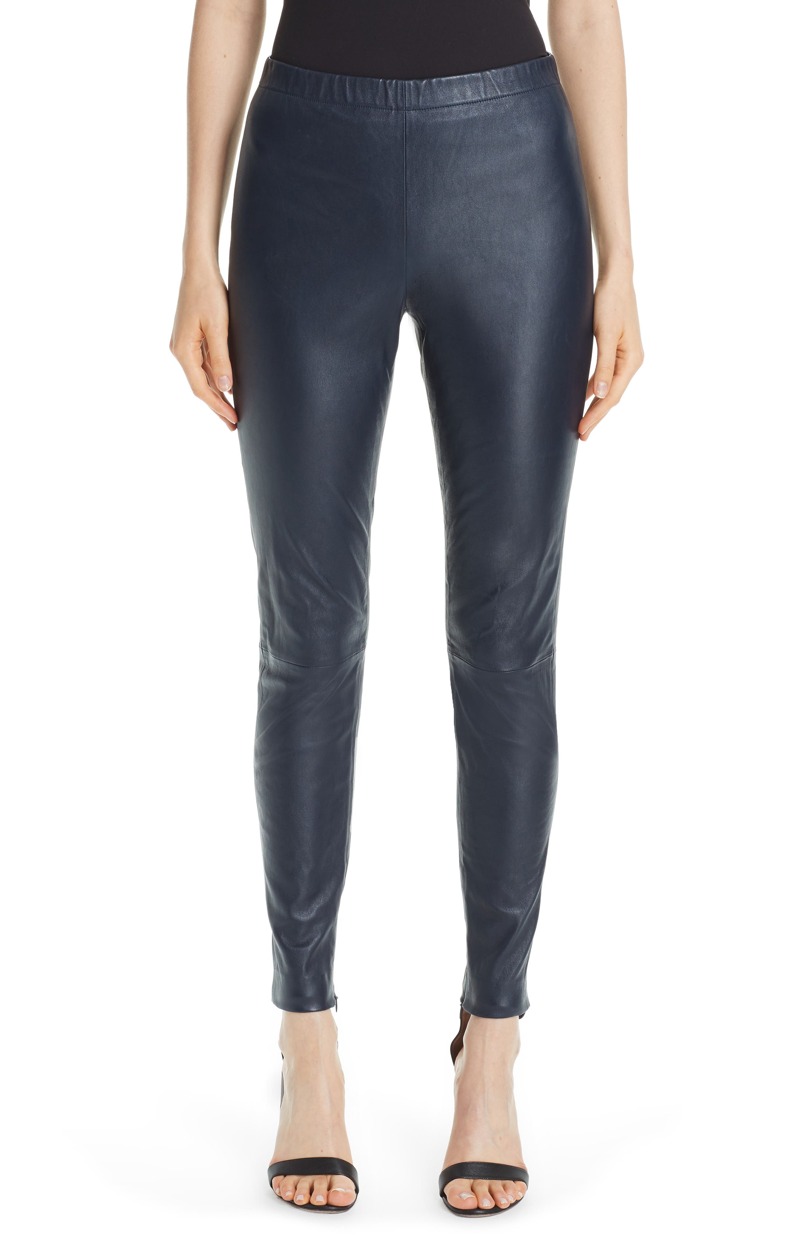 St. John Collection Stretch Nappa Leather Crop Leggings, Blue
