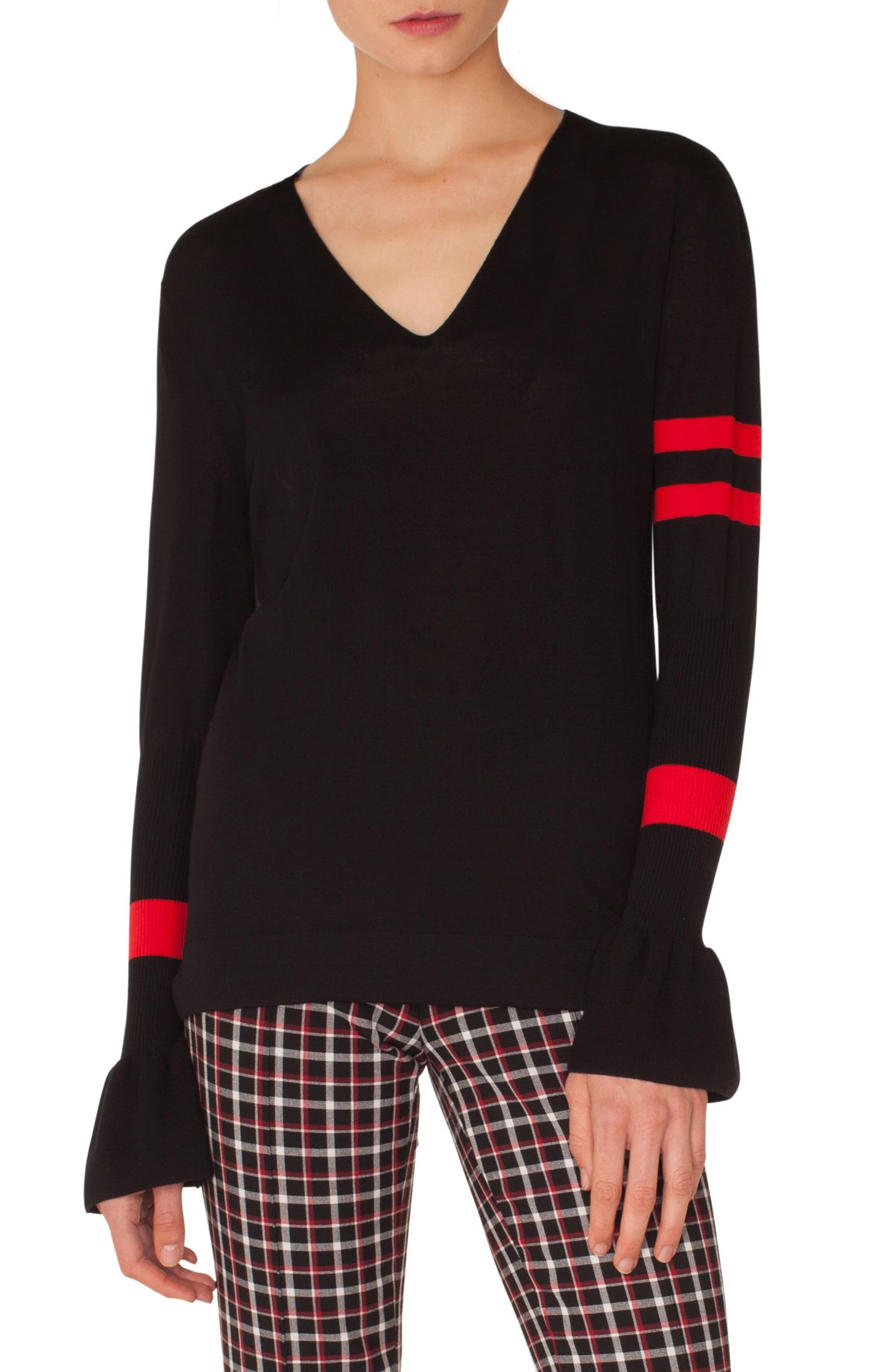 Akris Punto Stripe Wool Bell Sleeve Sweater, Black