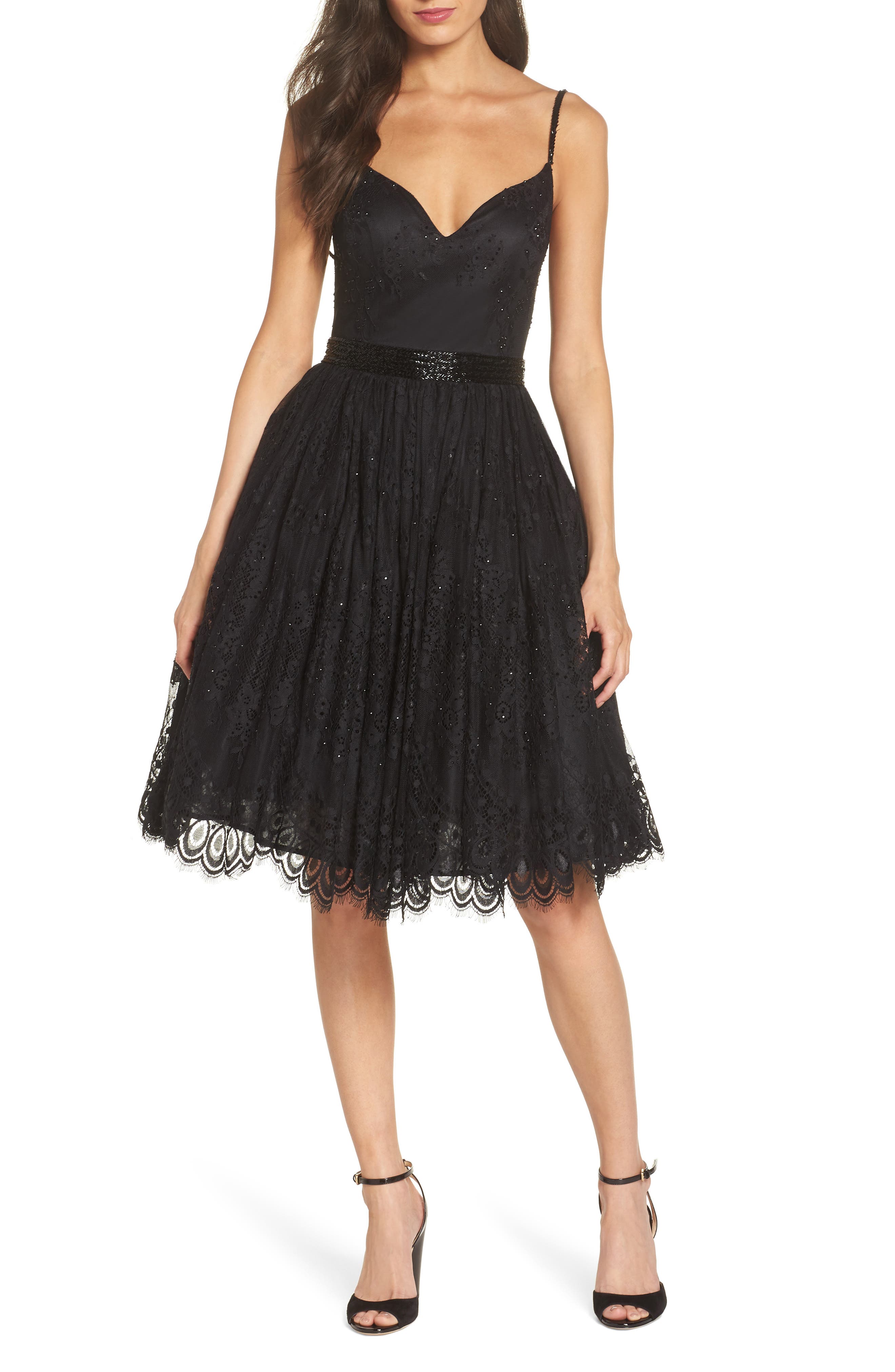 MAC Duggal Sweetheart Neck Lace Party Dress, Black