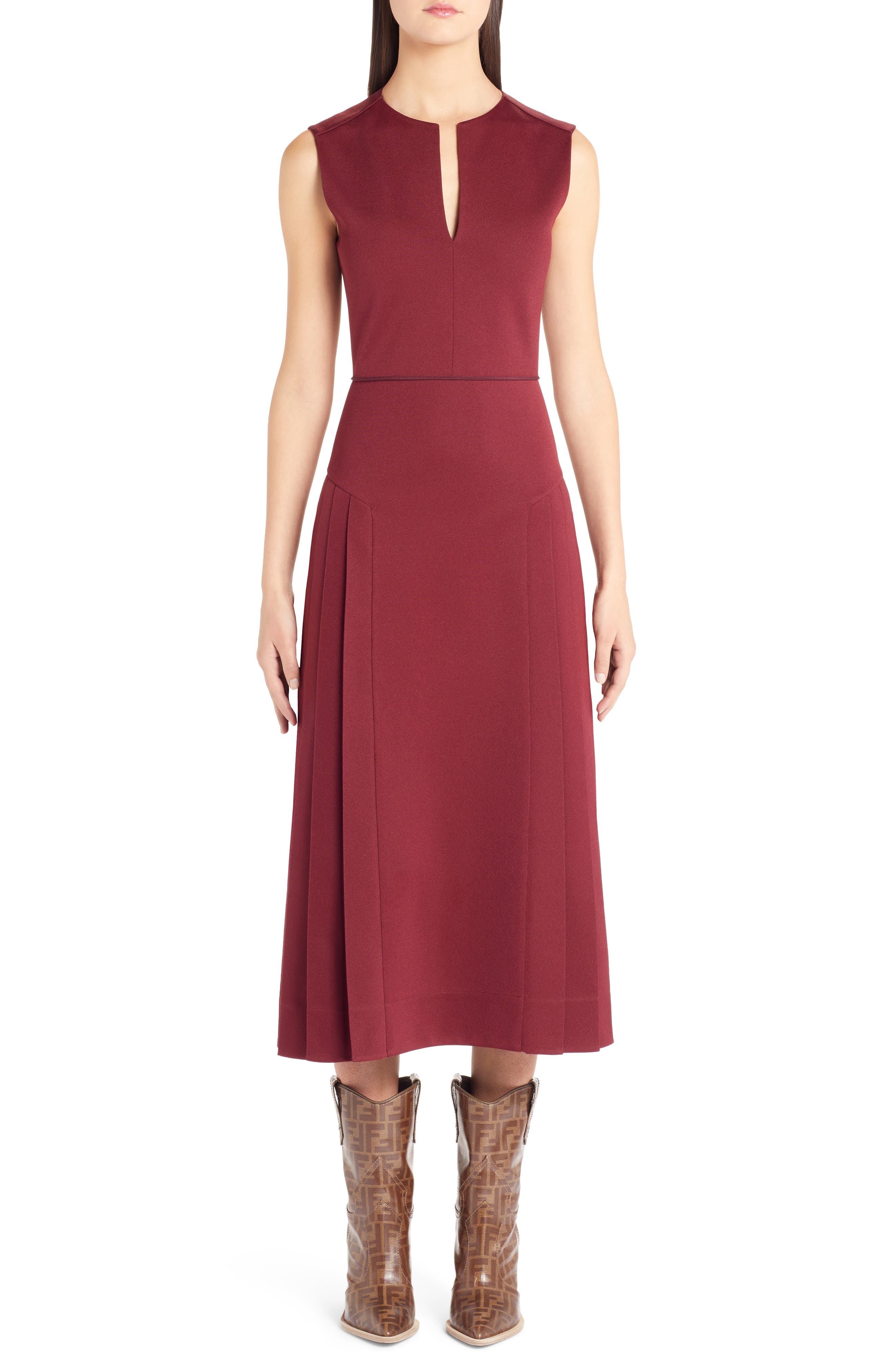 Fendi Pleated A-Line Midi Dress, 8 IT - Burgundy