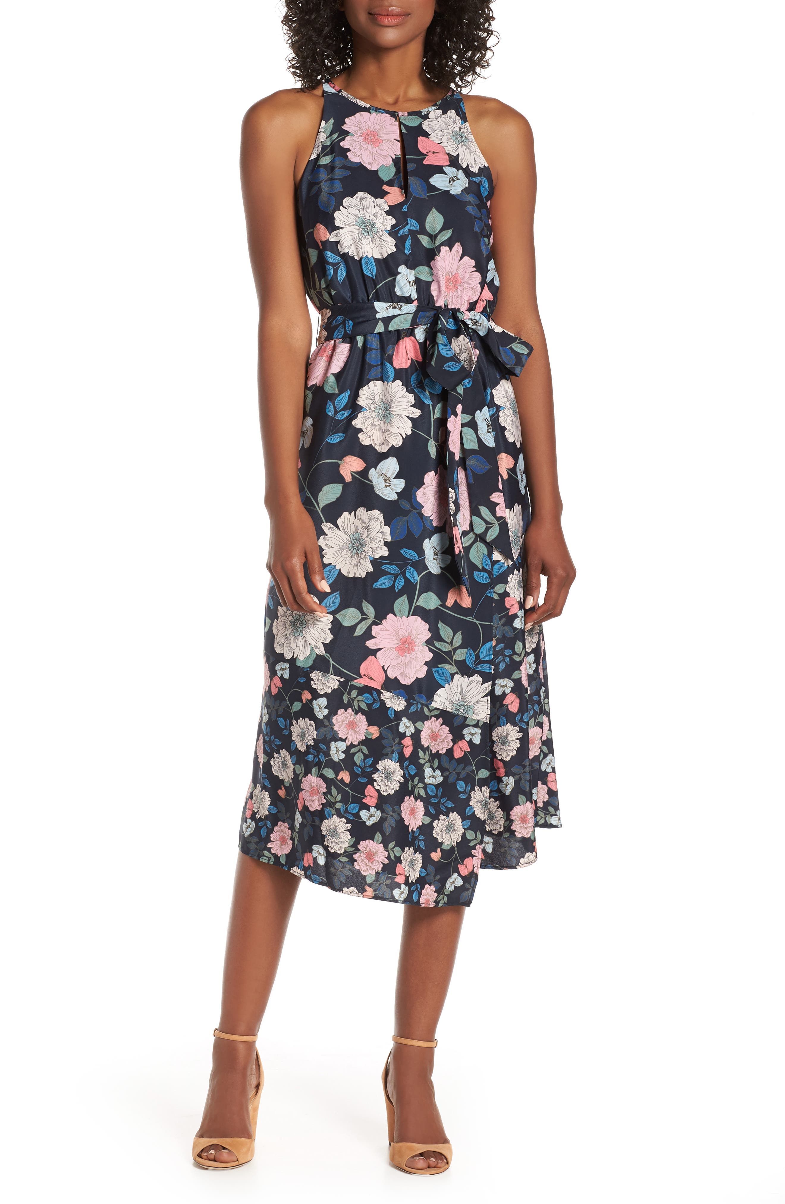 Vince Camuto Mixed Floral Print Halter Neck Midi Dress, Blue