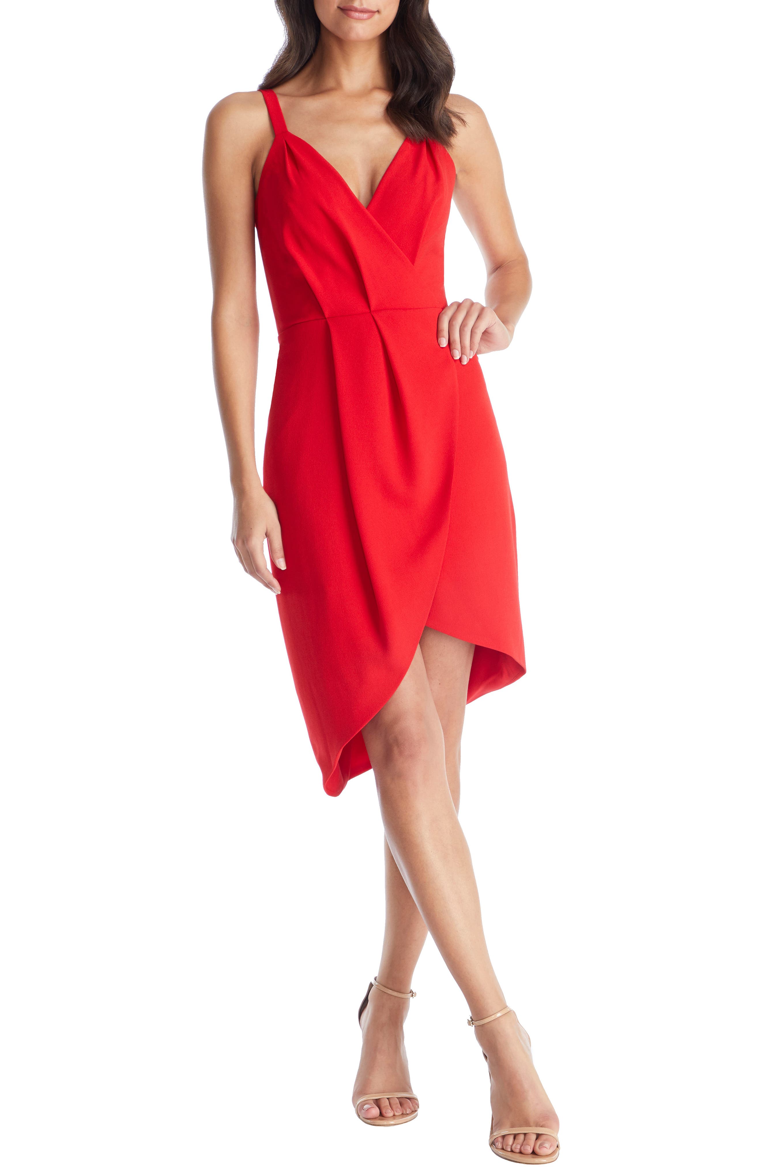 Dress The Population Owen Plunge Neck Faux Wrap Dress, Red