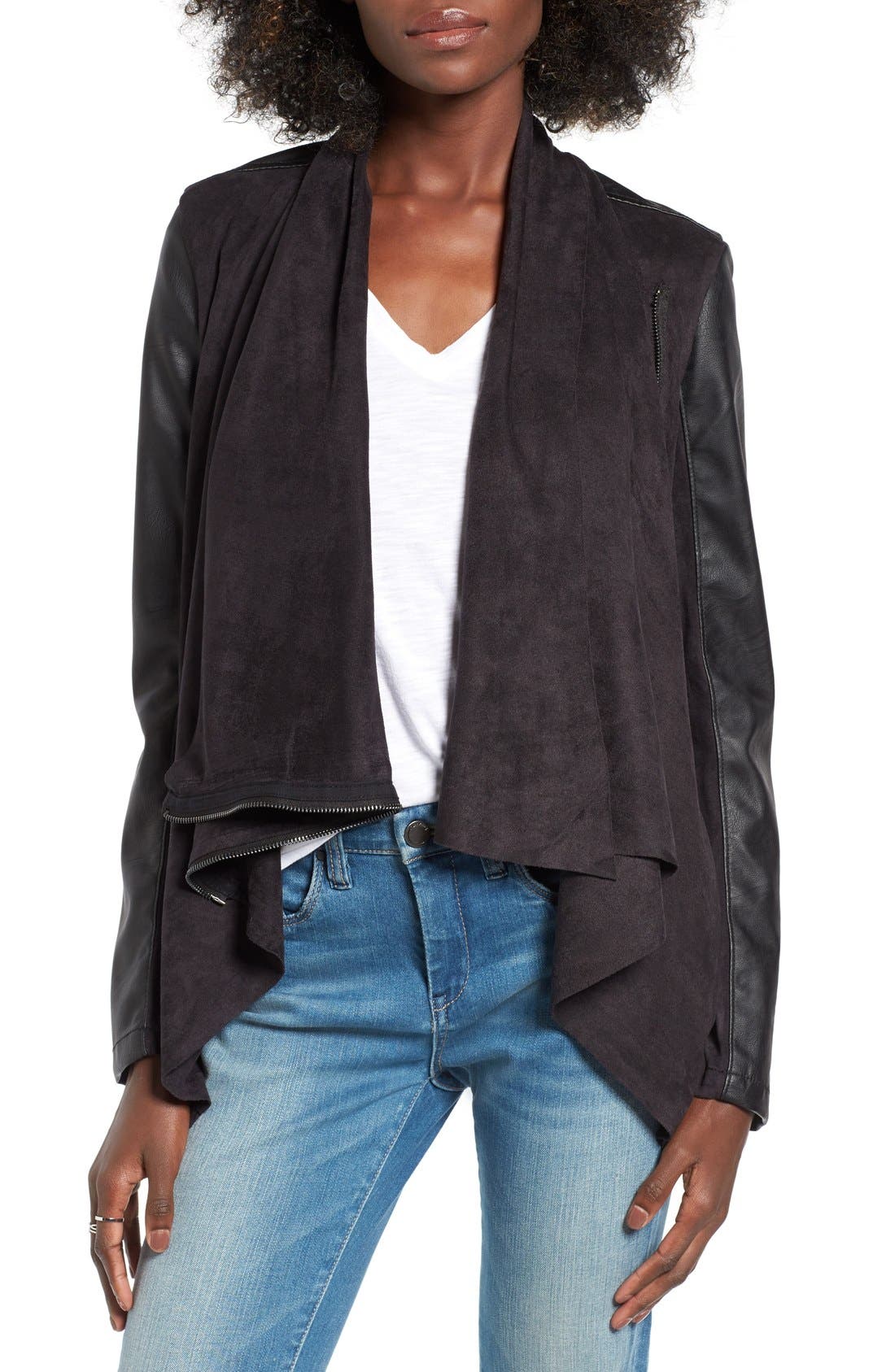 BLANKNYC Mixed Media Faux Leather Drape Front Jacket Nordstrom