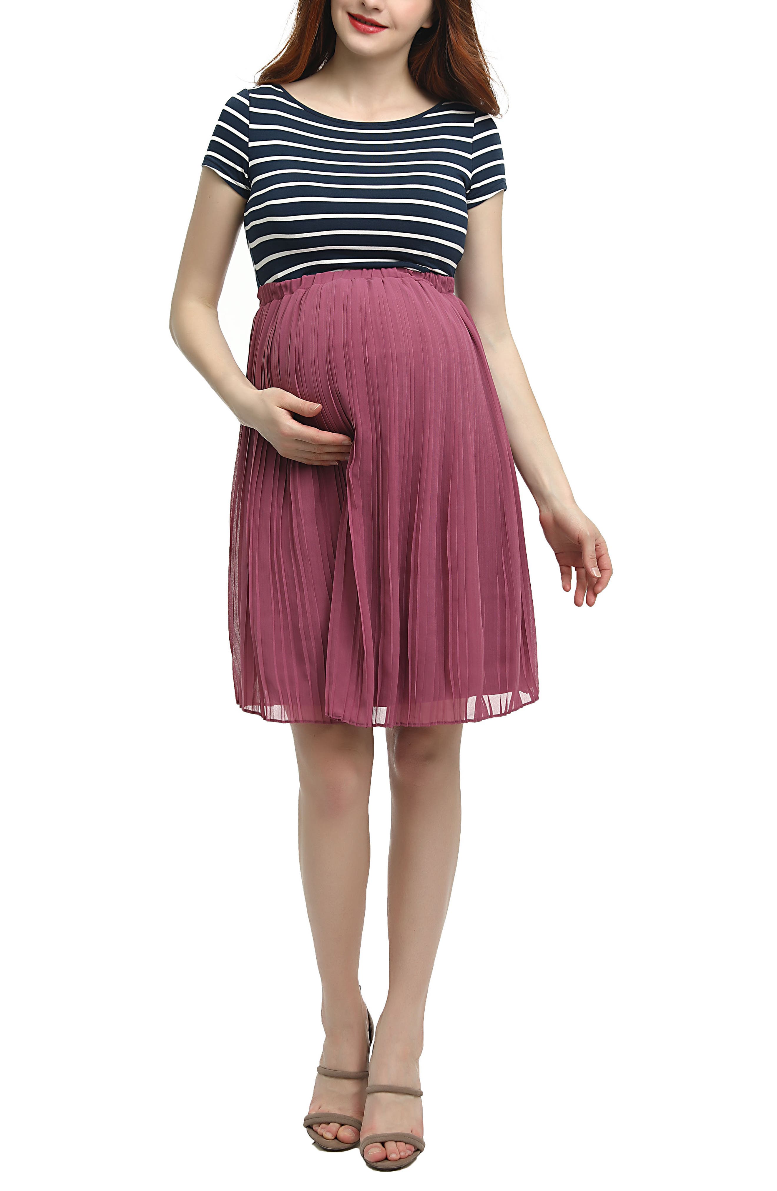 Kimi And Kai Everly Stripe Pleated Maternity Dress, Pink