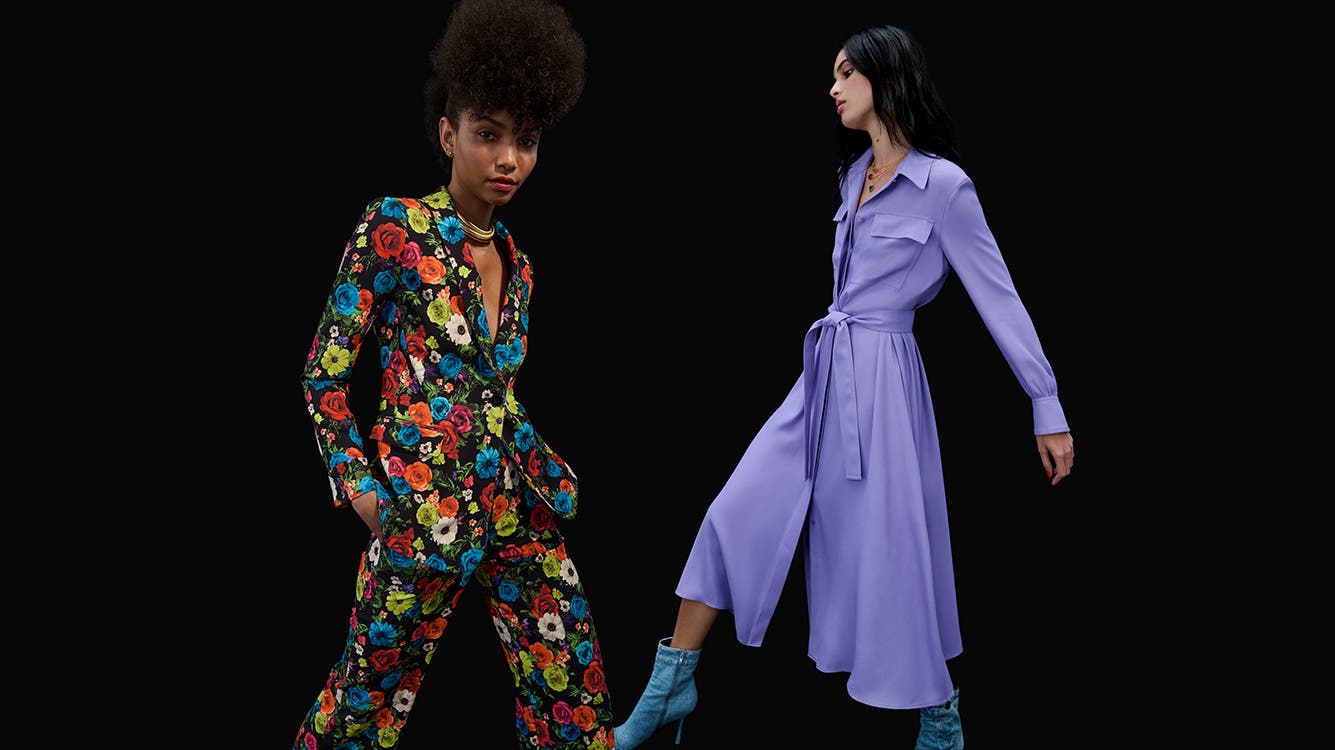 Model in floral-print blazer and pants; model in lavender shirtdress and blue booties.