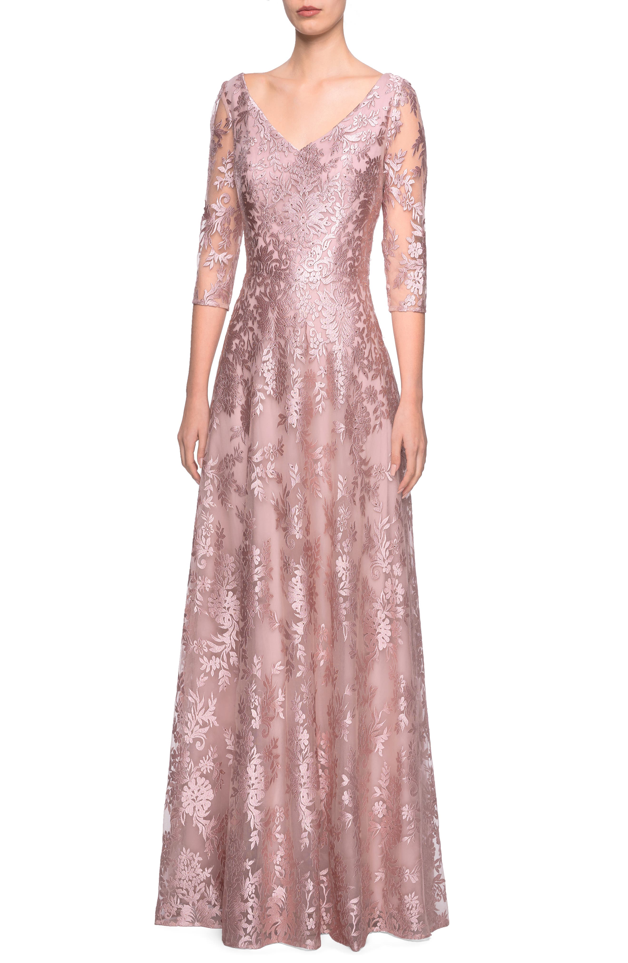 La Femme V-Neck Metallic Embroidered Evening Dress, Pink