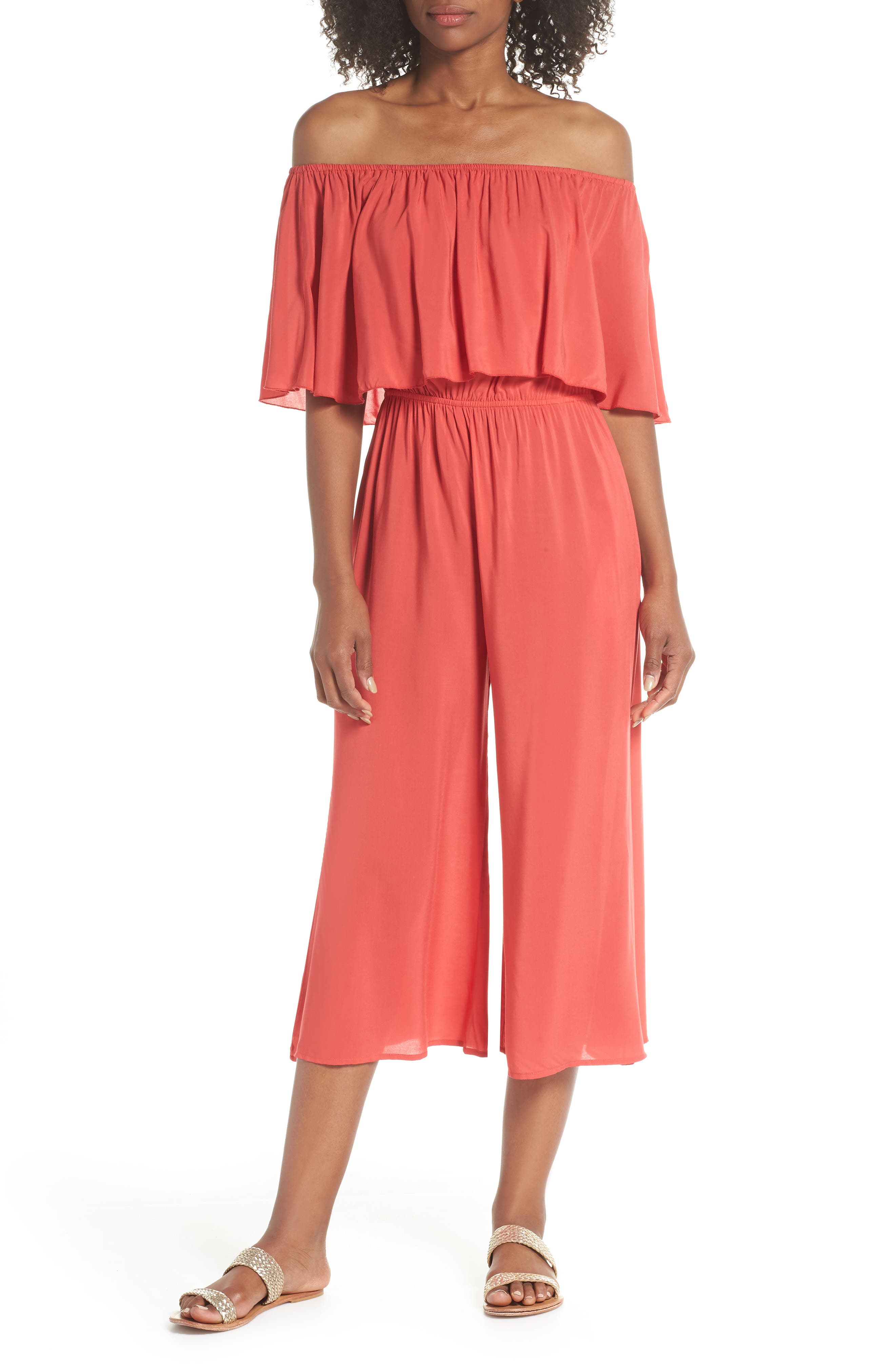 Elan Off The Shoulder Cover-Up Jumpsuit, Coral