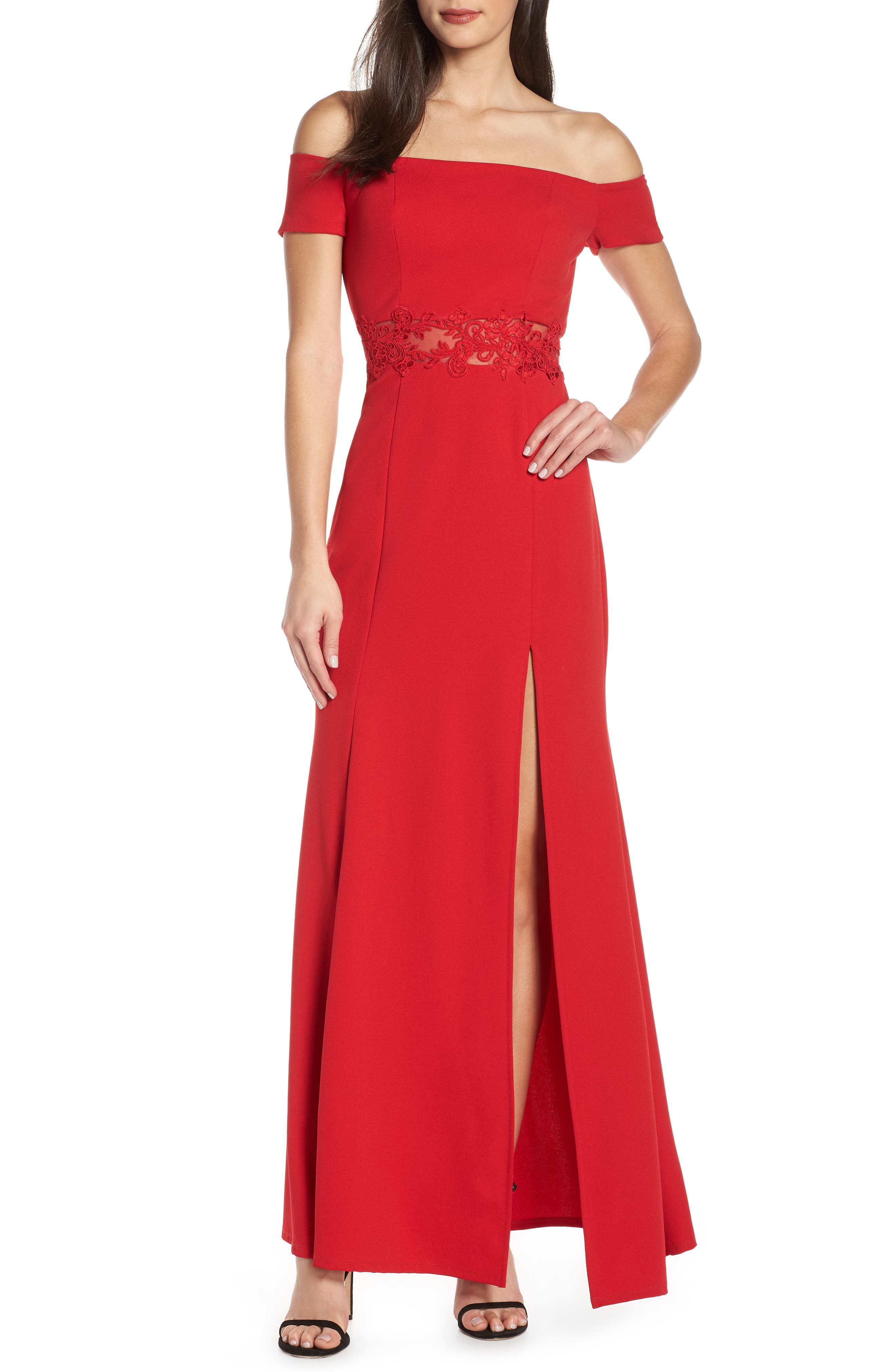 Sequin Hearts Off The Shoulder Scuba Crepe Evening Dress, Red