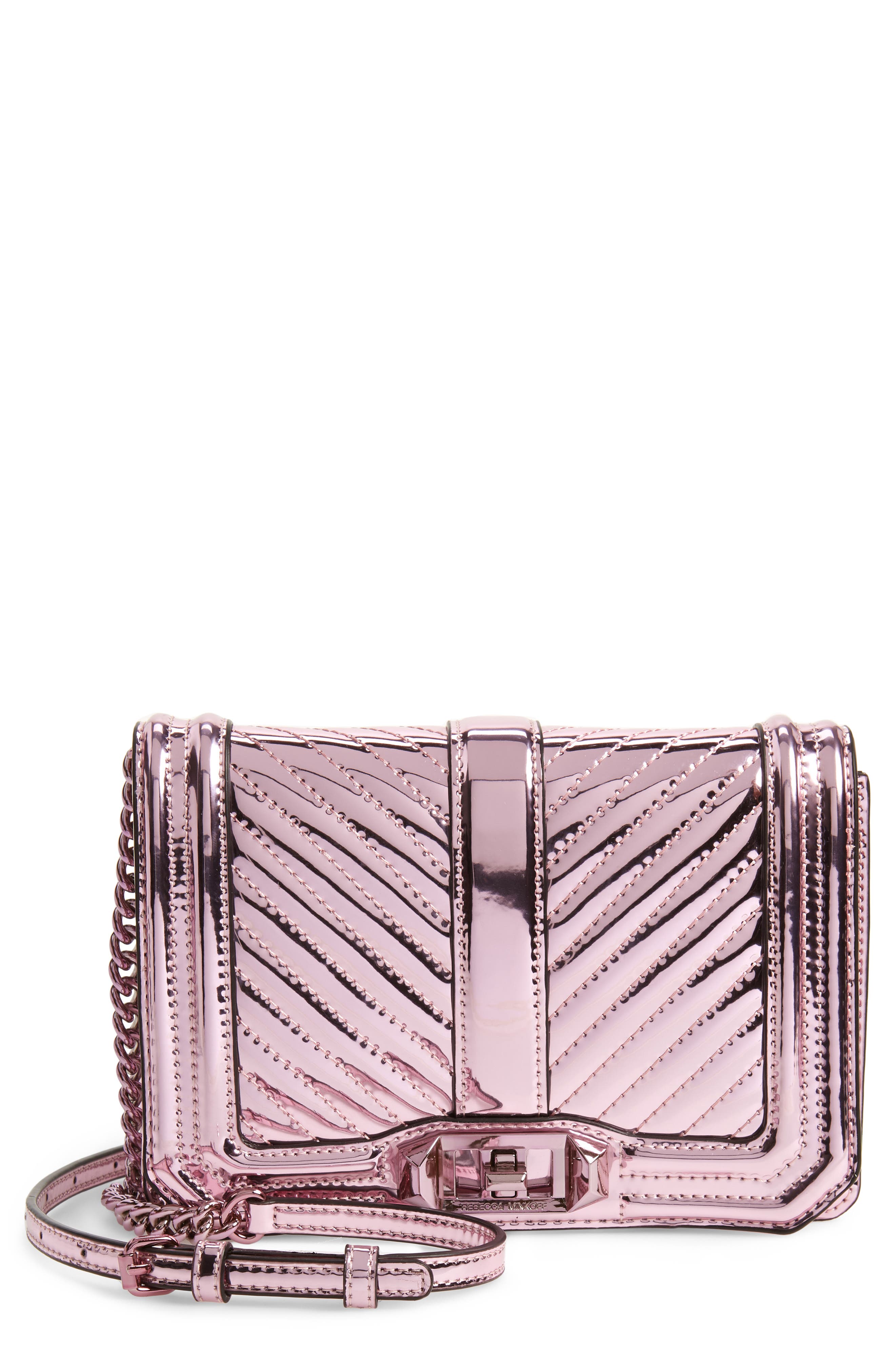 Rebecca Minkoff Leathers SMALL LOVE QUILTED METALLIC CROSSBODY - PINK