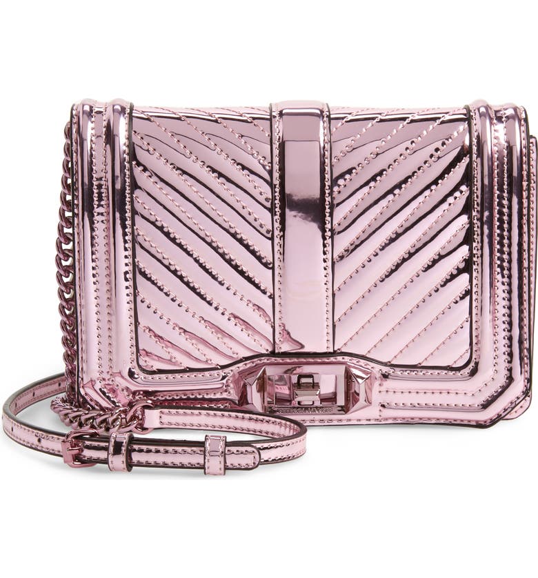 Rebecca Minkoff Leathers SMALL LOVE QUILTED METALLIC CROSSBODY - PINK
