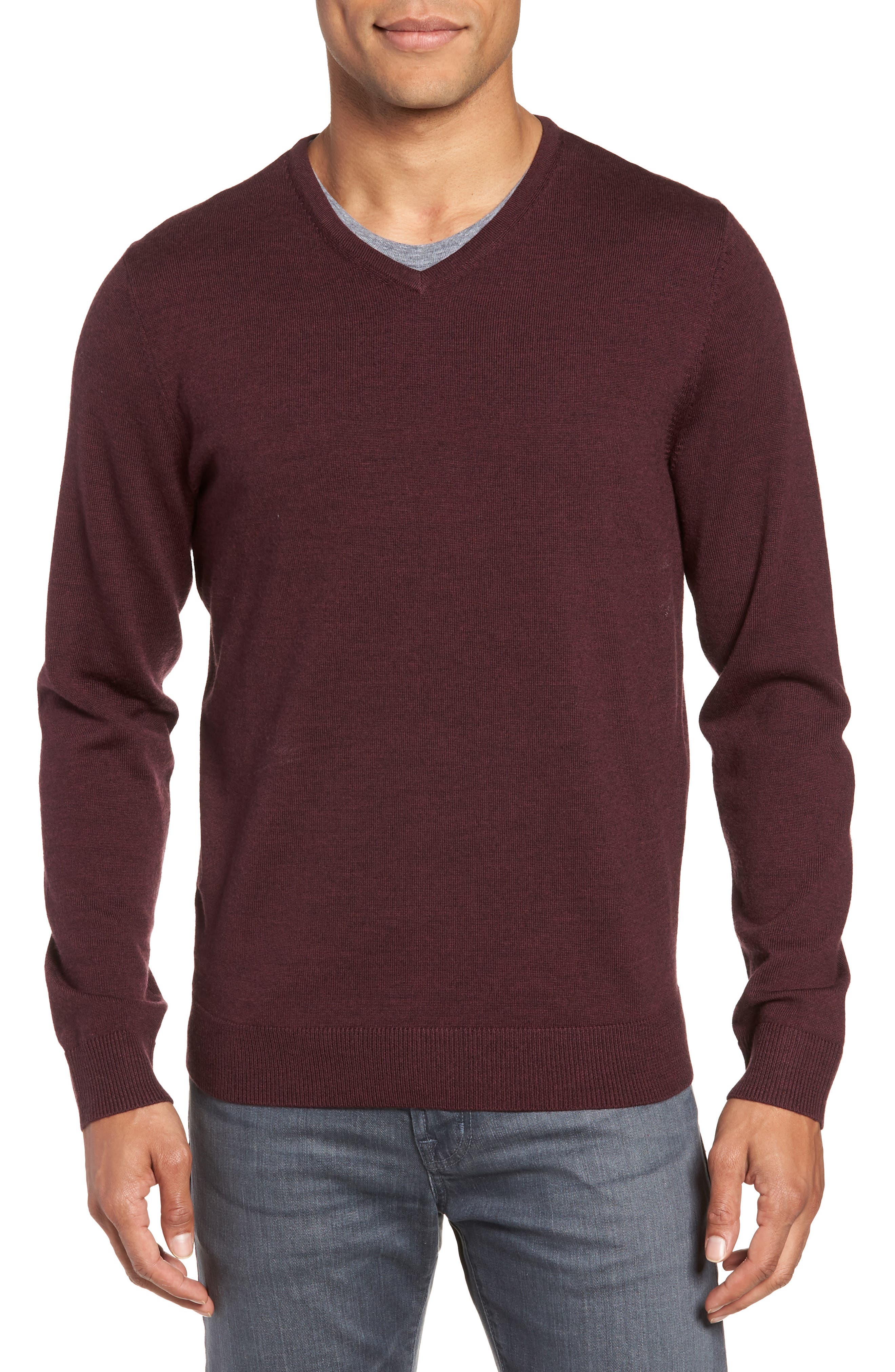 Nordstrom Shop Washable Merino Wool V-Neck Sweater, Burgundy