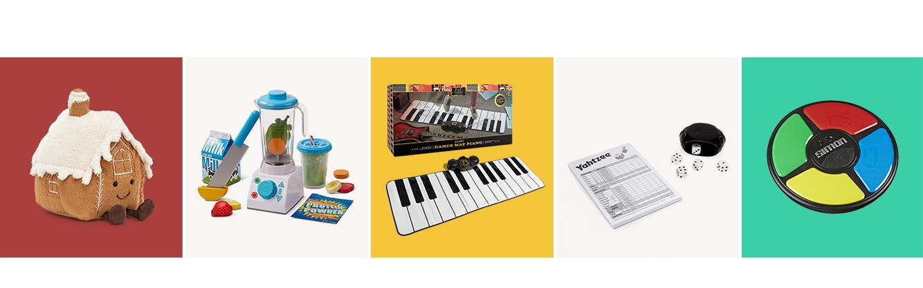 A stuffed gingerbread house toy, a smoothie-making blender play set, a piano dance mat, a Yahtzee game and a Simon toy.
