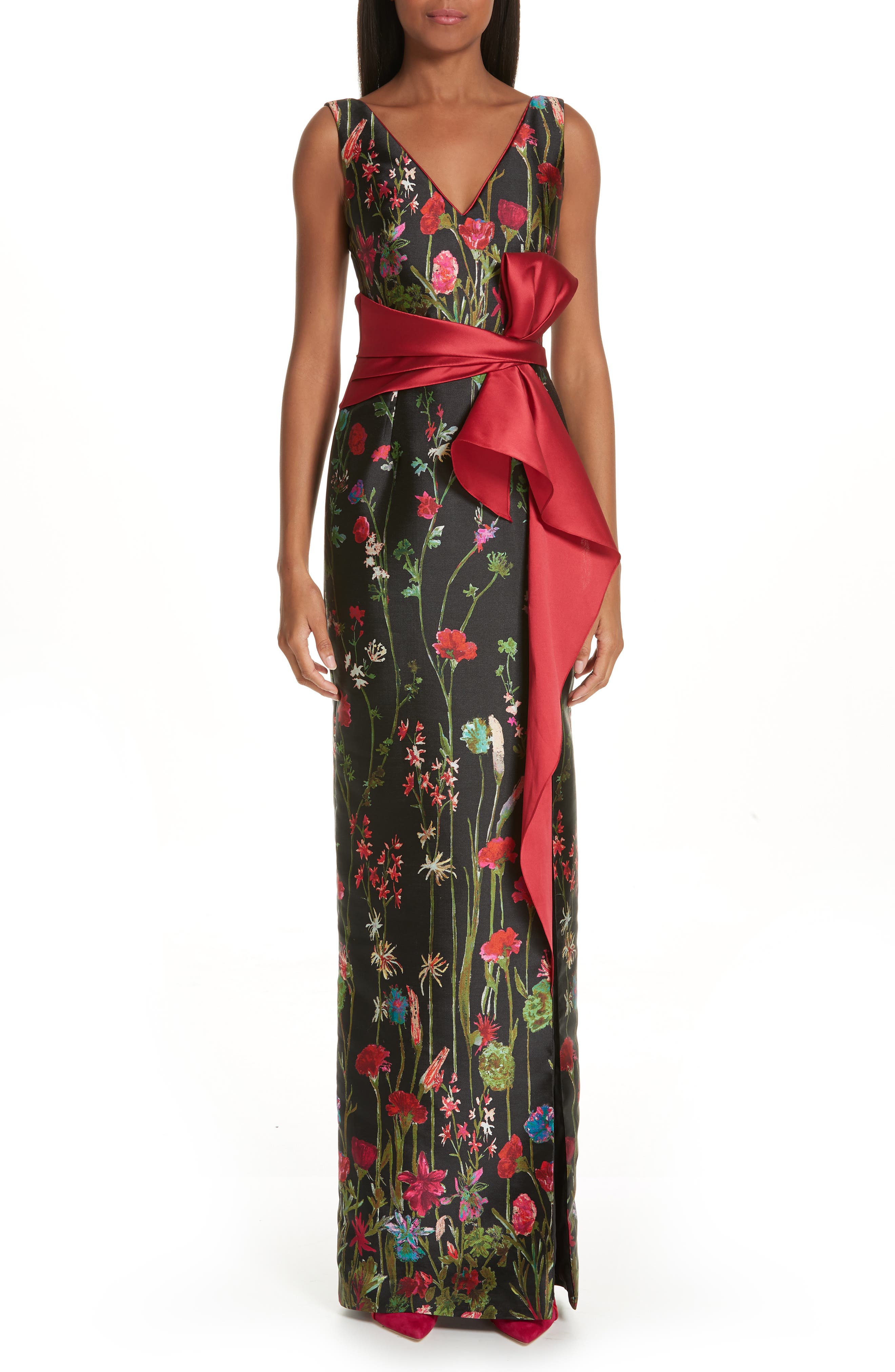 Marchesa Notte Bow Belt Floral Print Column Gown, Black
