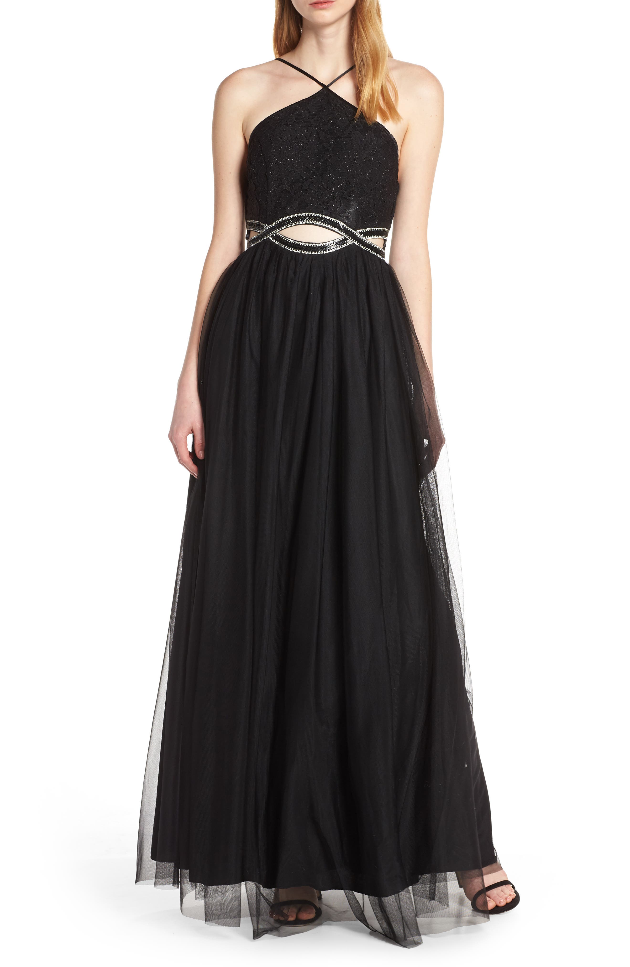 Sequin Hearts Lace & Tulle Evening Dress, Black