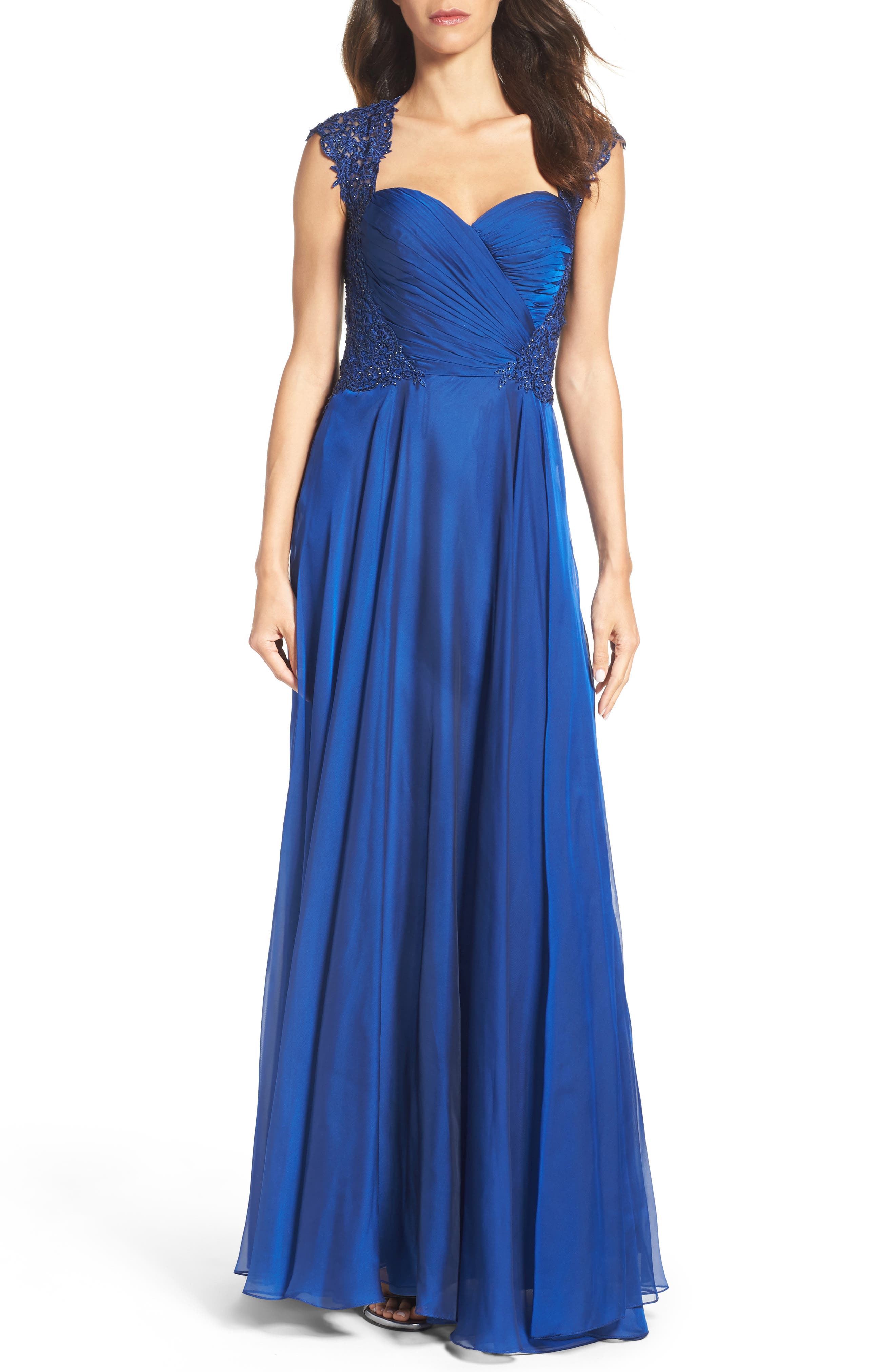 La Femme Ruched Chiffon Gown, Blue