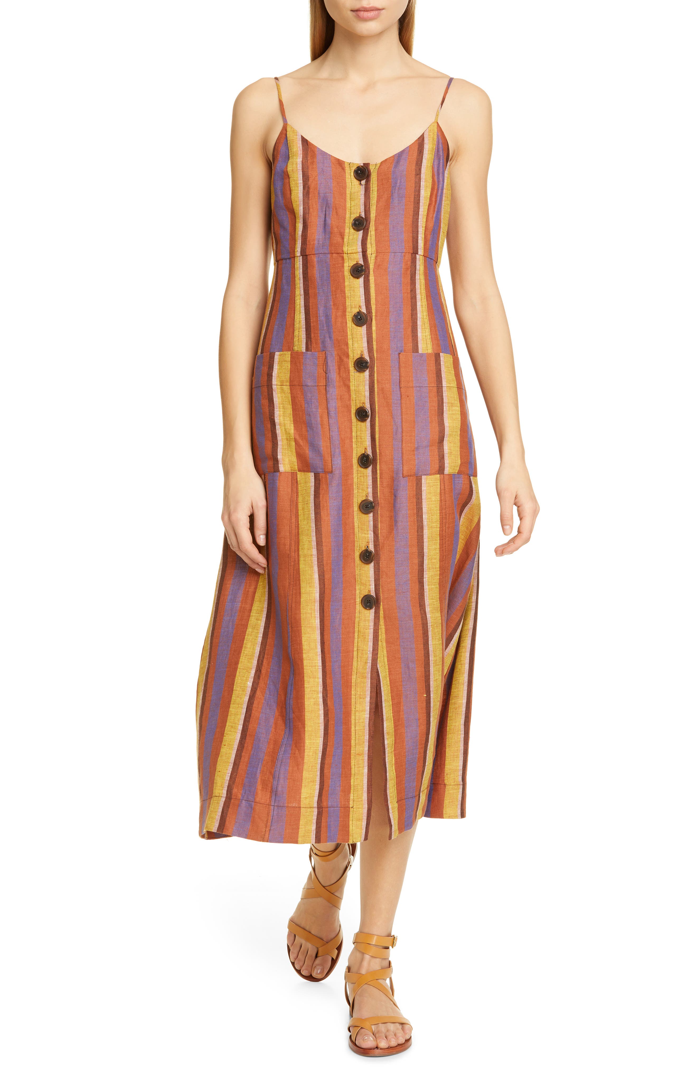 Sea Cici Stripe Linen Midi Dress, Brown