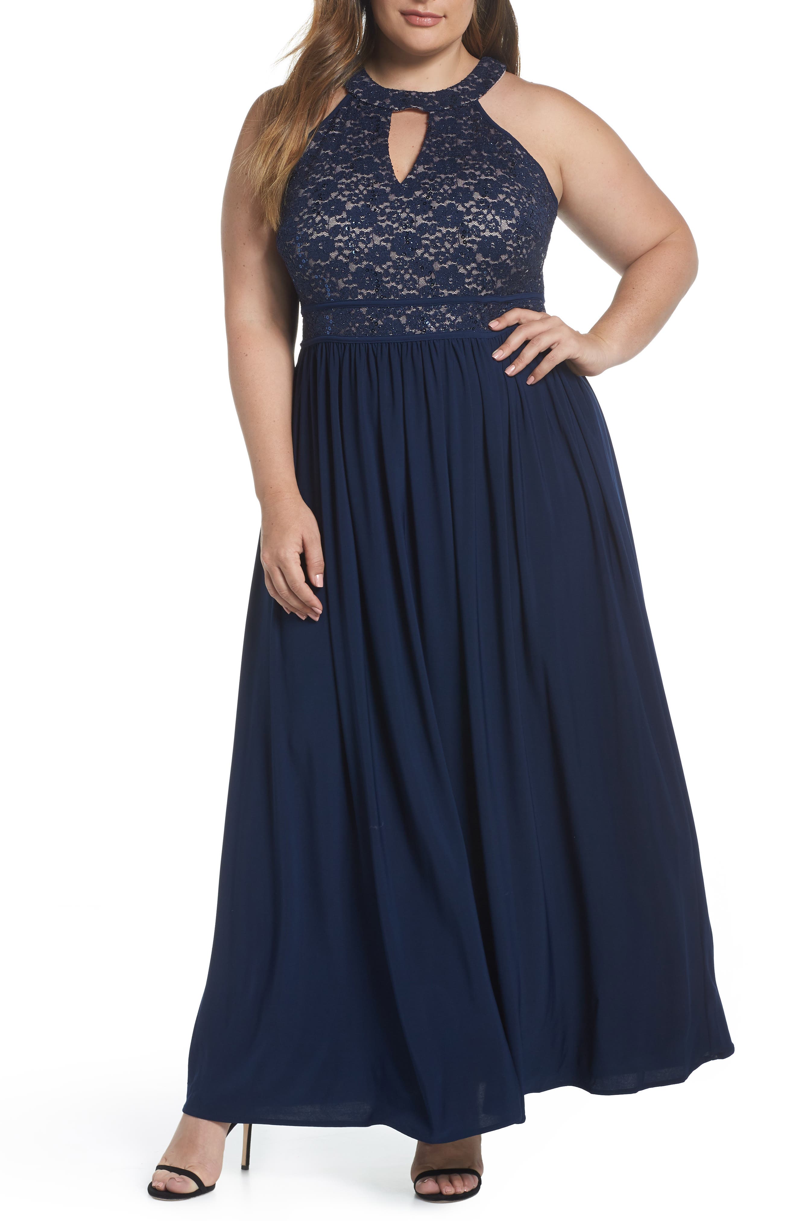 Plus Size Morgan & Co. Lace Halter Gown, Blue