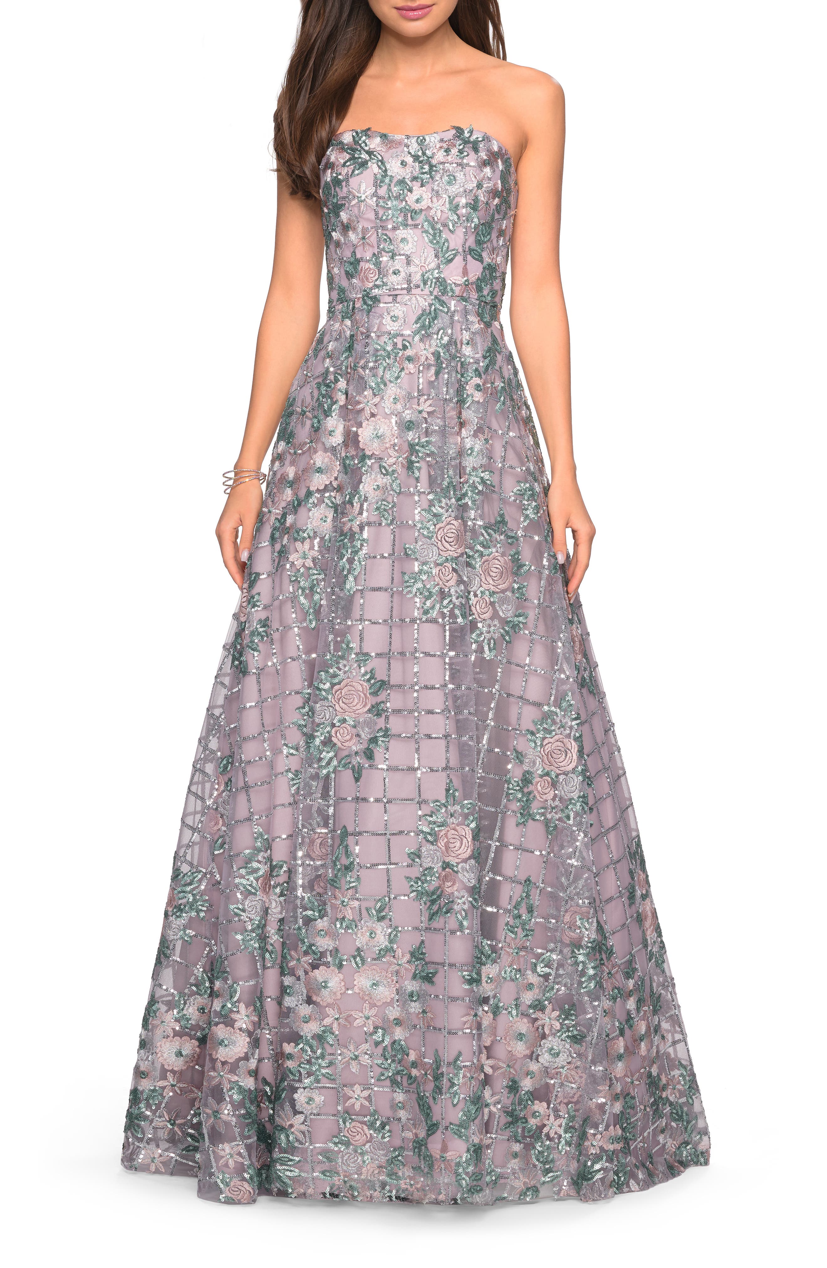 La Femme Strapless Sequin Evening Gown, Purple