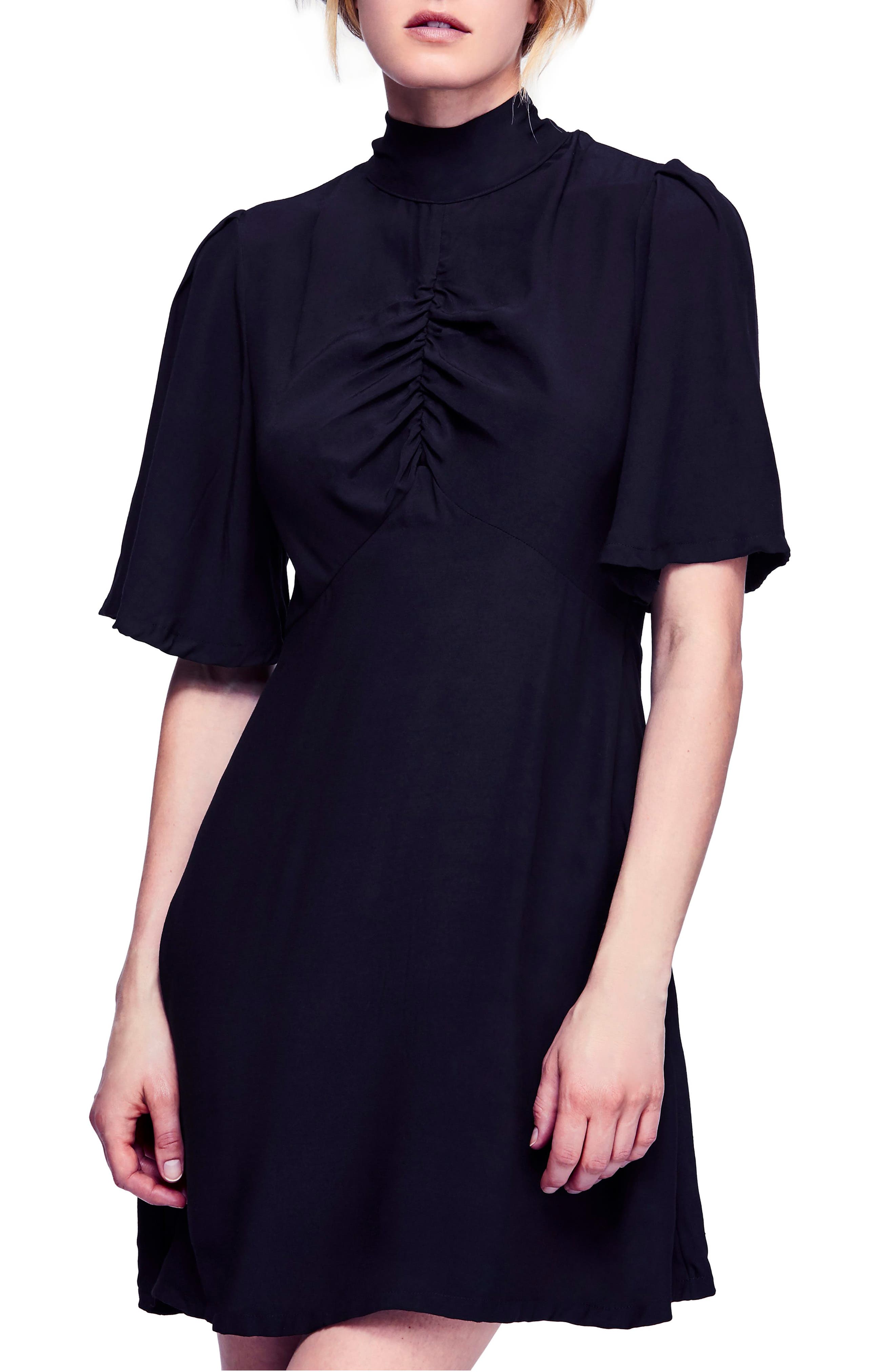 Free People Be My Baby Ruched Front Elbow Sleeve Dress, Black