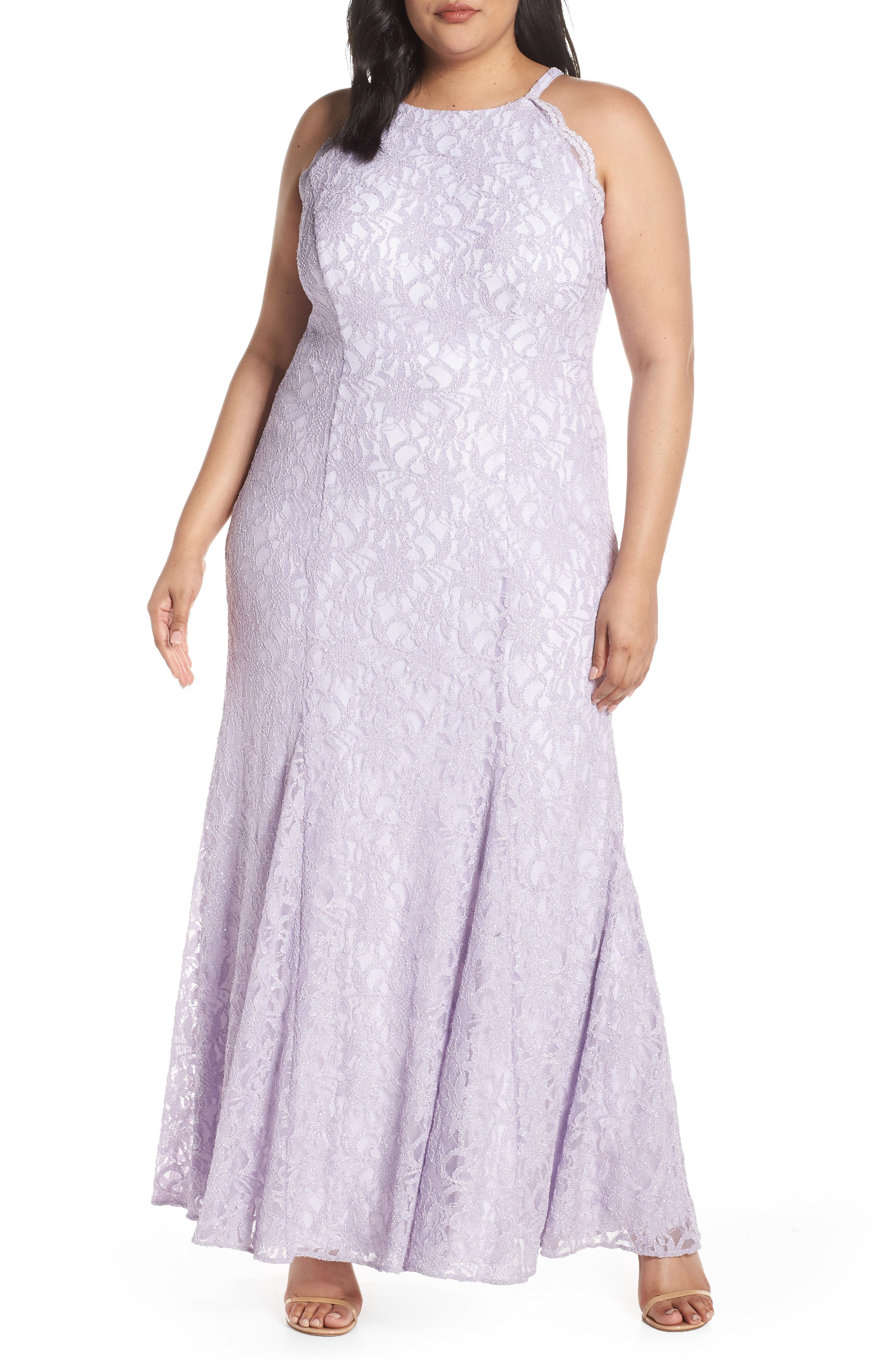 Plus Size Morgan & Co. Halter Bodice Glitter Lace Evening Dress, Purple