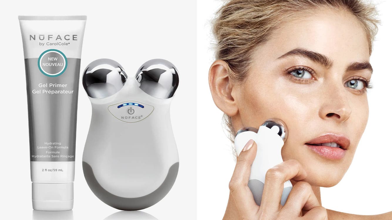 A NuFace gel primer and device, alongside a woman using the device on her face.