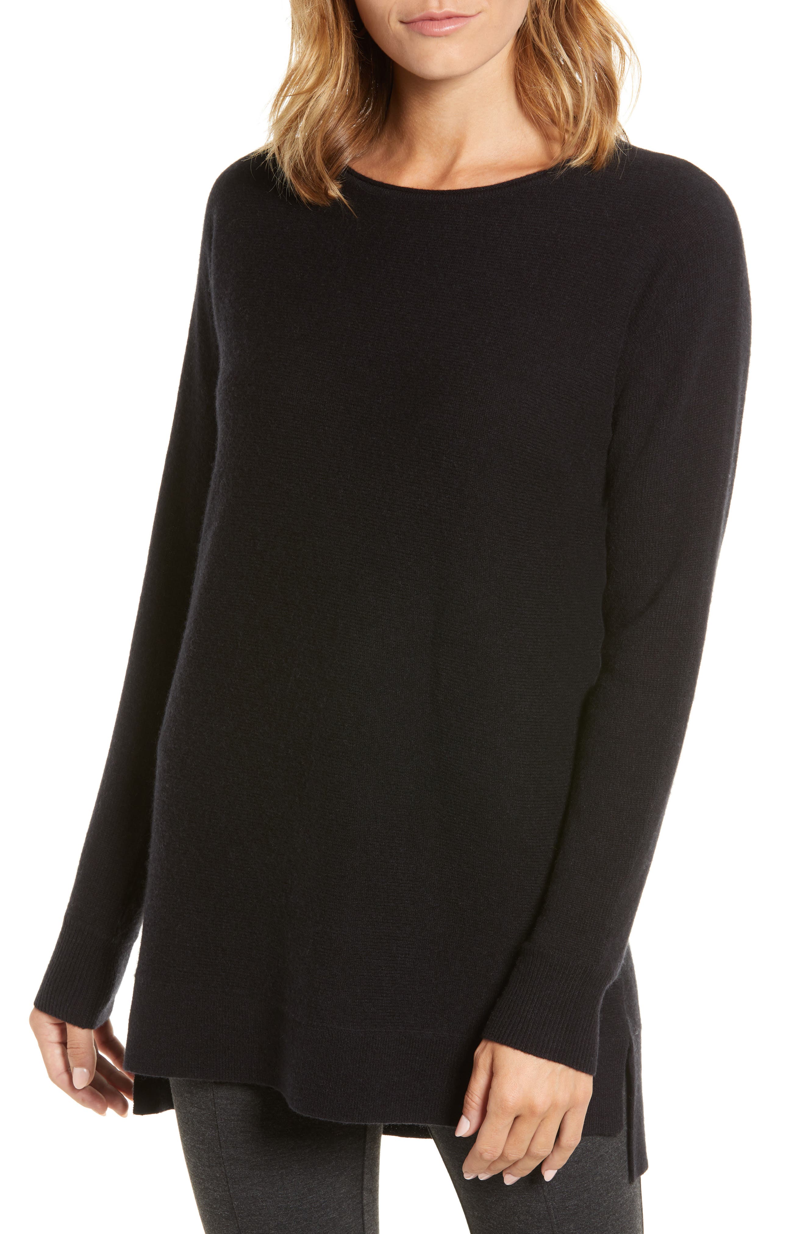 Halogen High/low Wool & Cashmere Tunic Sweater, Black