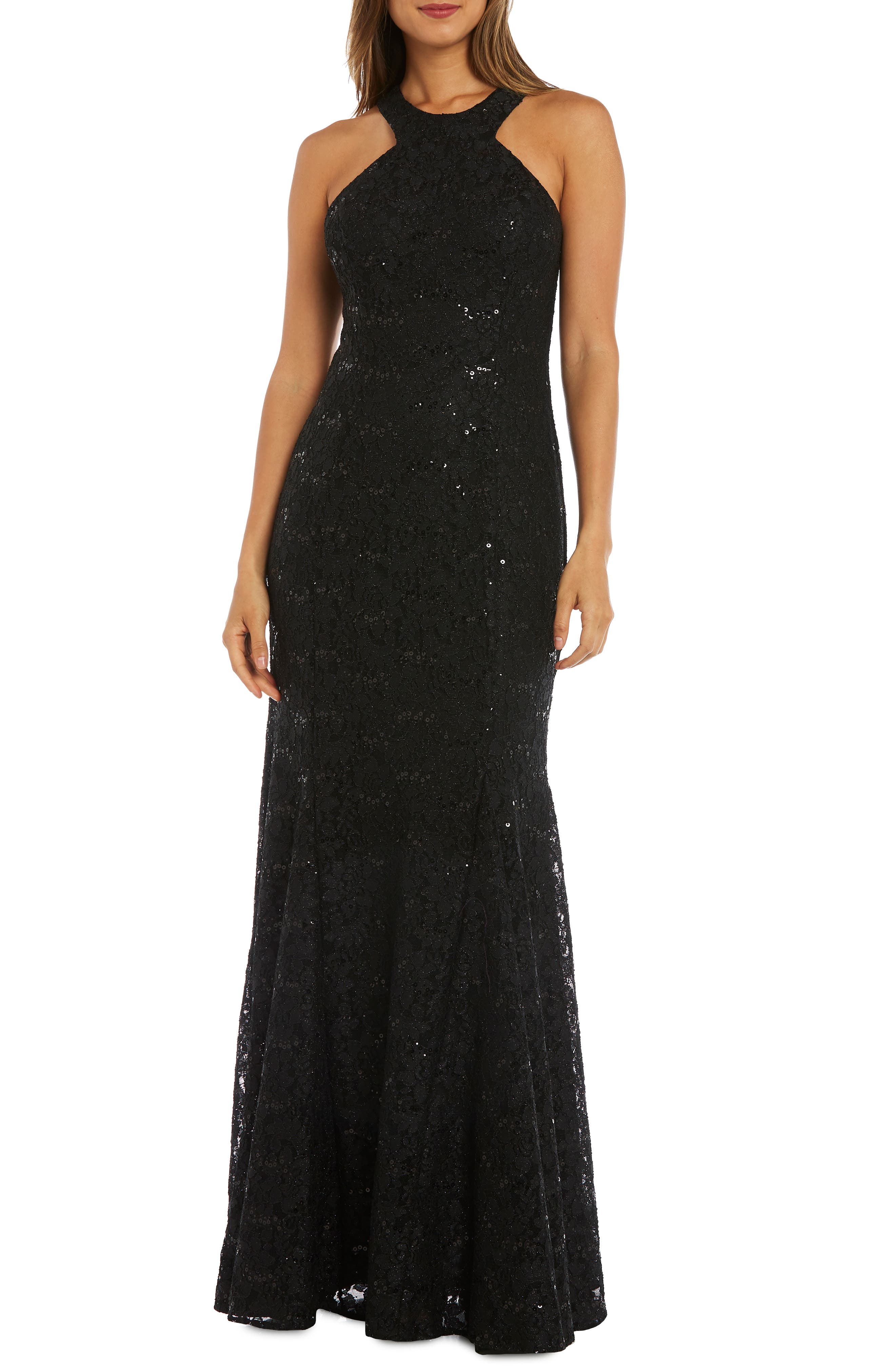 Morgan & Co. Strappy Back Sequin Lace Gown