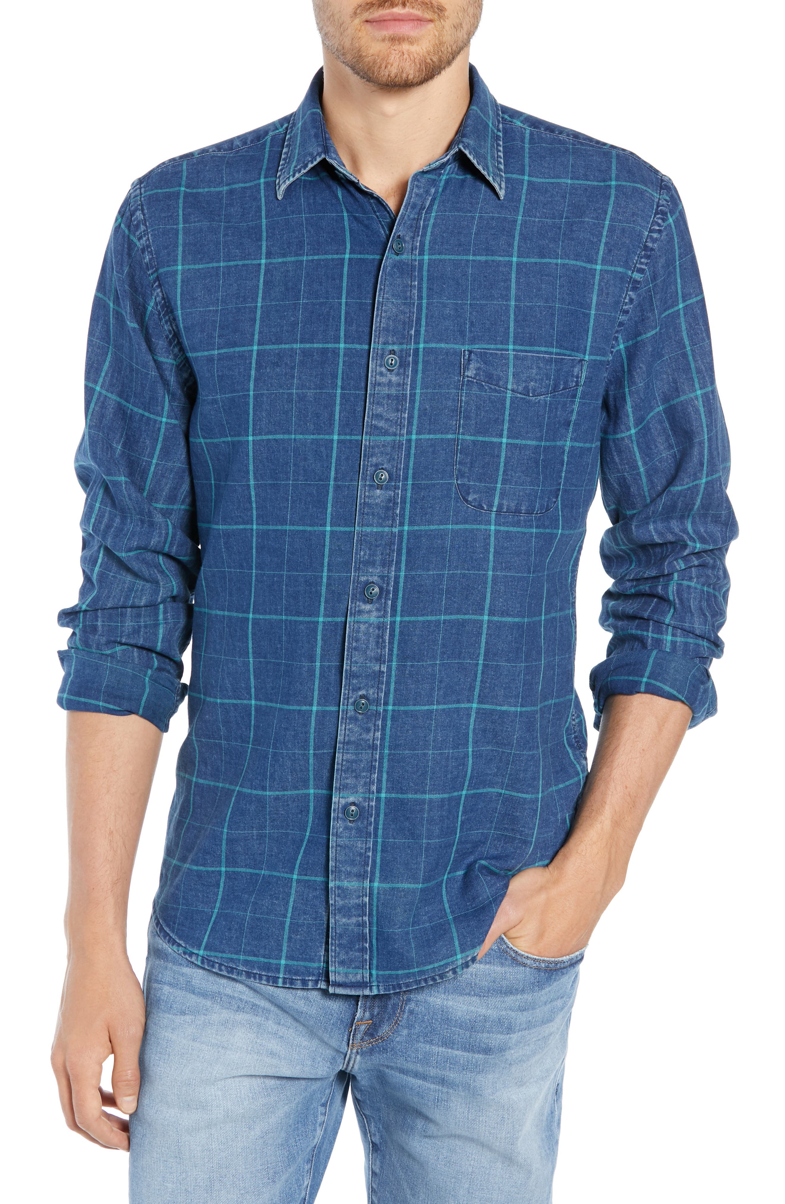 Faherty Ventura Windowpane Sport Shirt, Blue