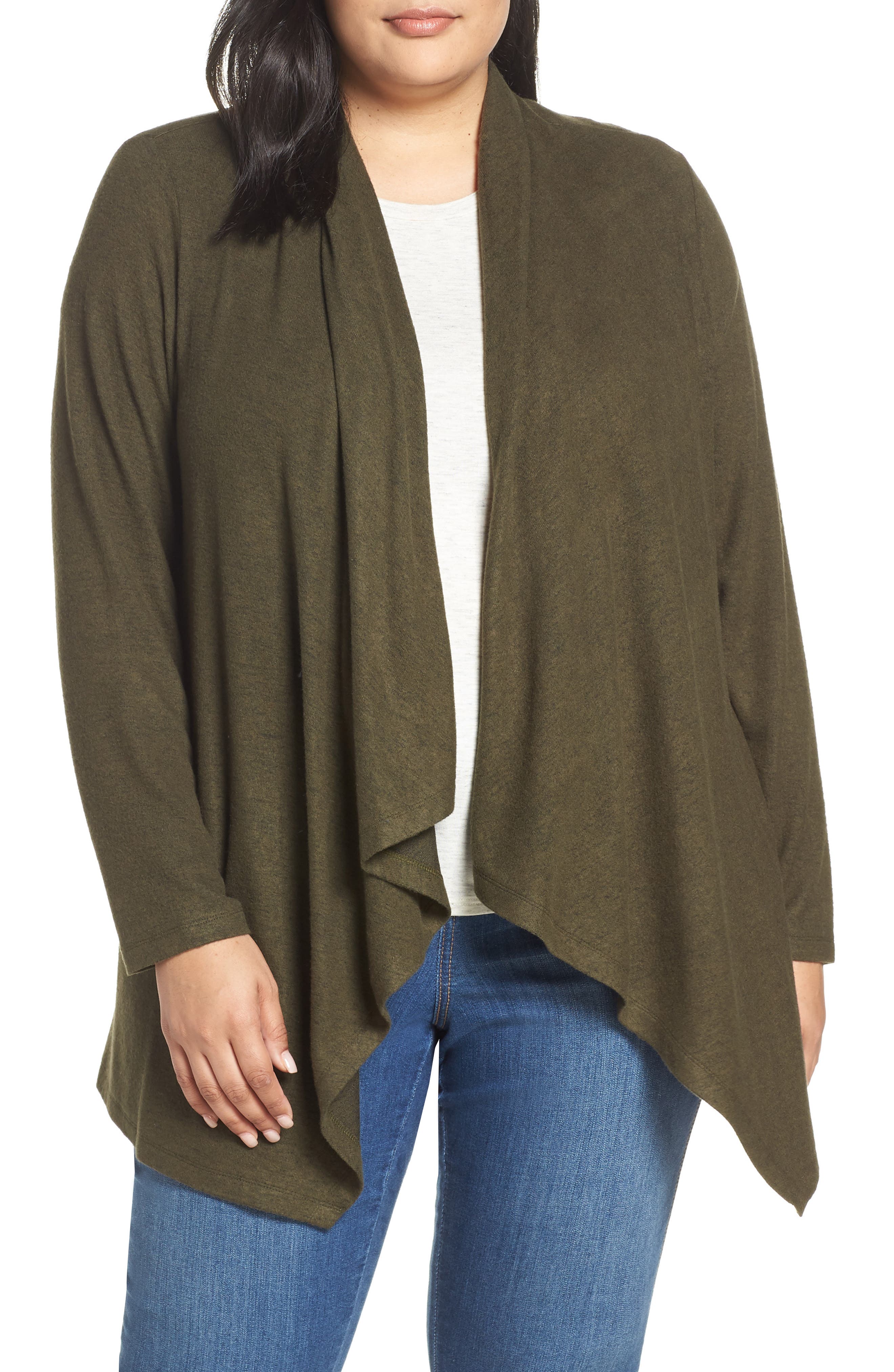Plus Size Bobeau Amie Waterfall Cardigan, Green