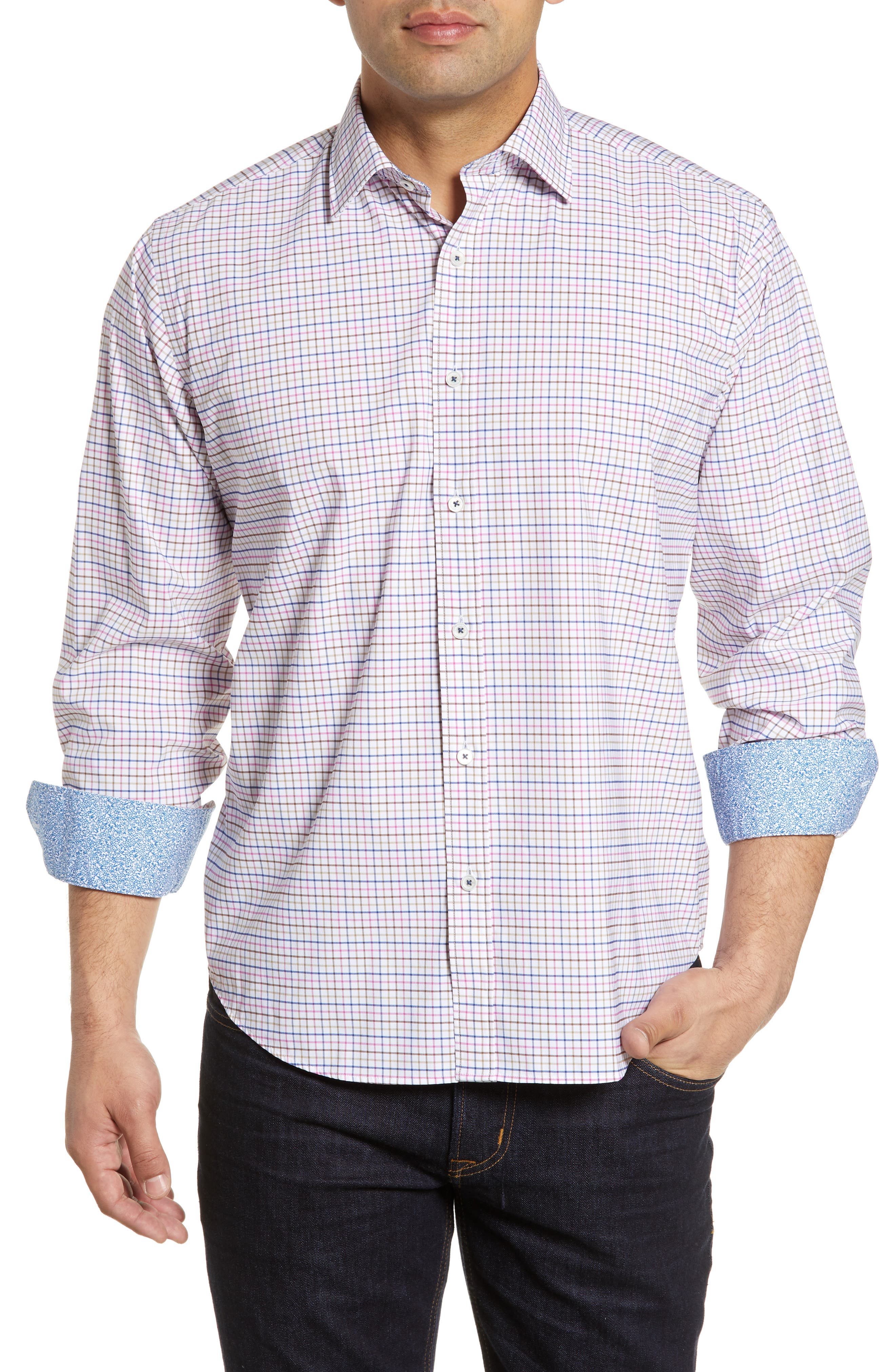 Bugatchi Classic Fit Grid Performance Sport Shirt, Pink