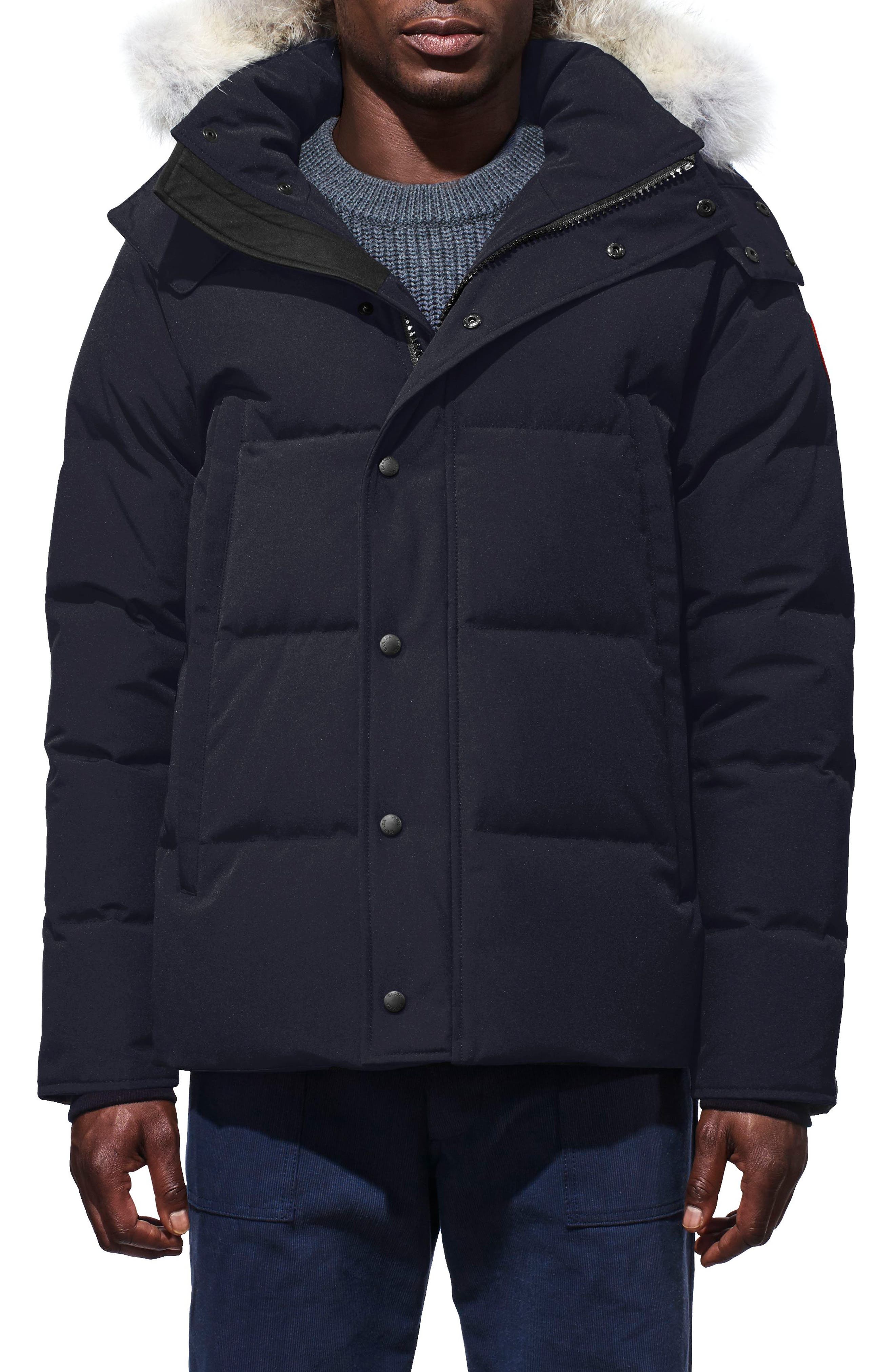 Canada Goose Wyndham Slim Fit Genuine Coyote Fur Trim Down Jacket, Blue