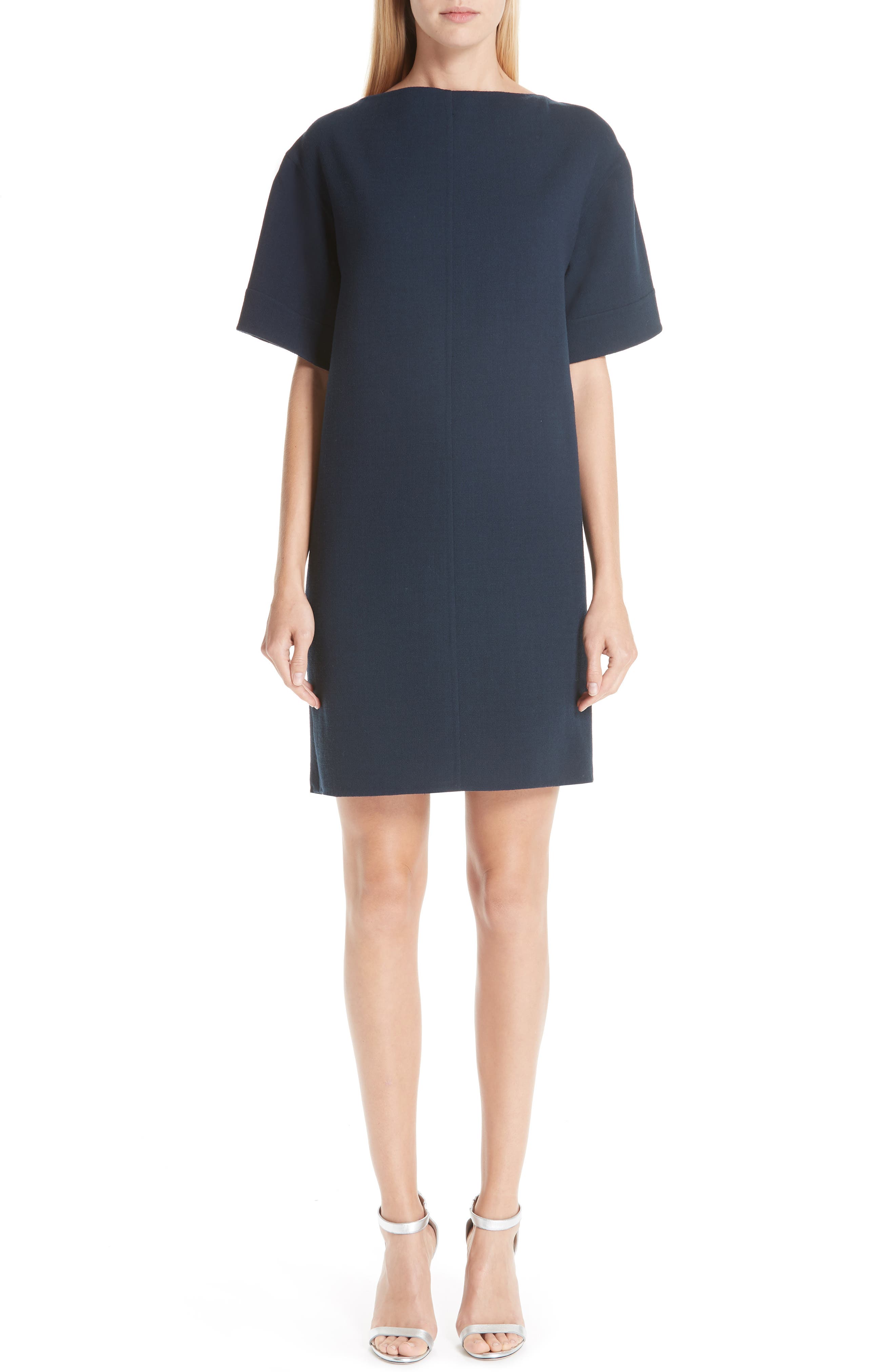 Oscar De La Renta Bow Back Stretch Wool Shift Dress, Blue
