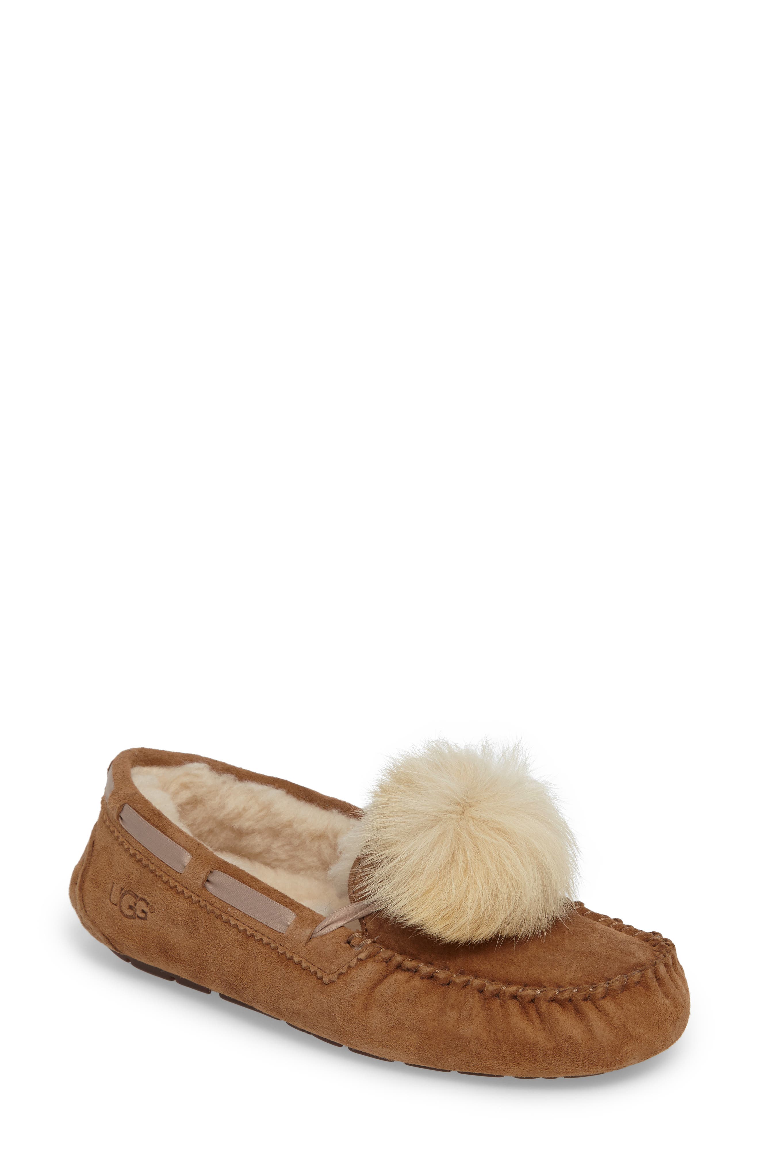 Ugg Dakota Water Resistant Genuine Shearling Pompom Slipper, Brown