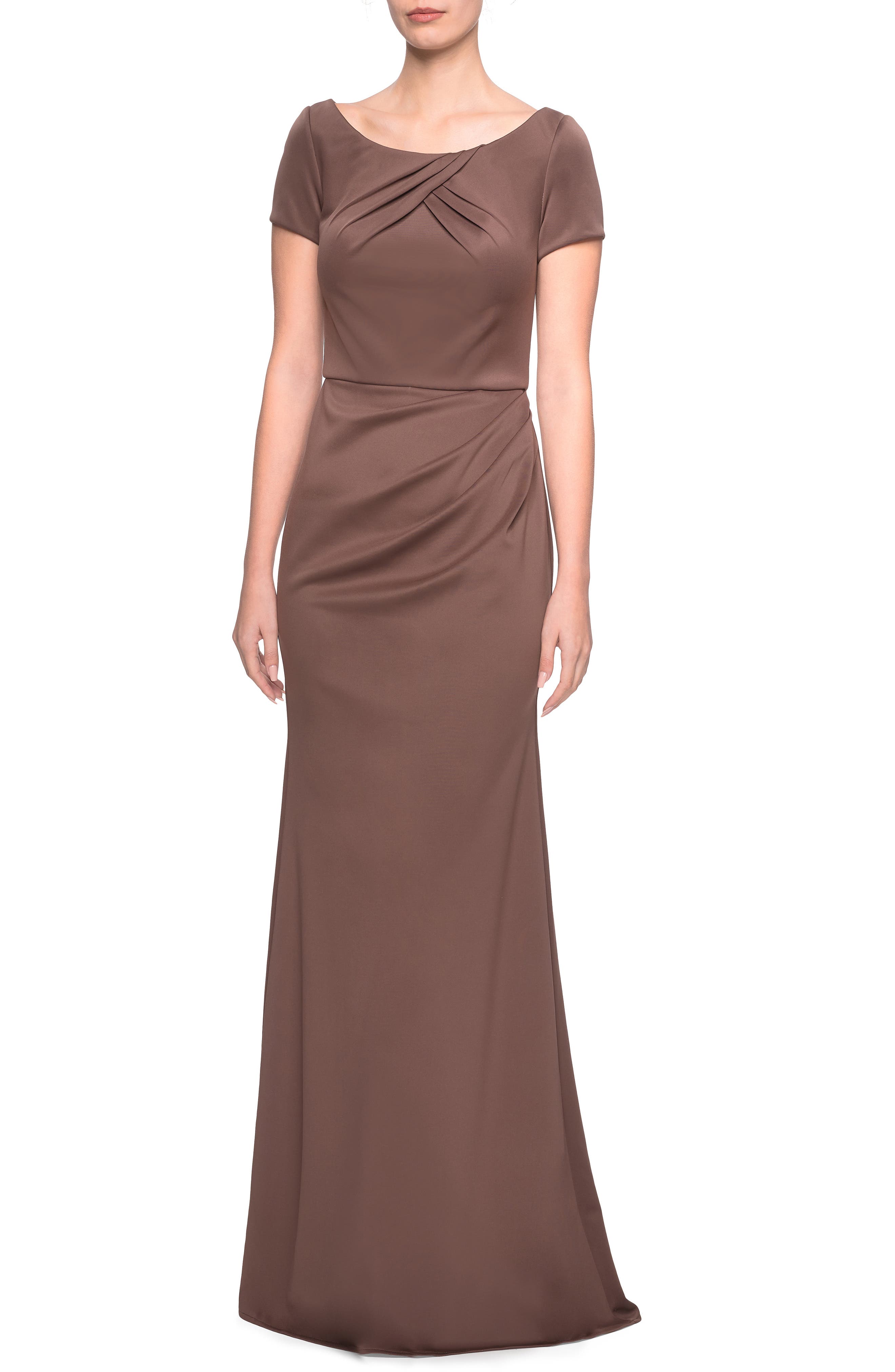 La Femme Ruched Detail Soft Jersey Evening Dress, Brown